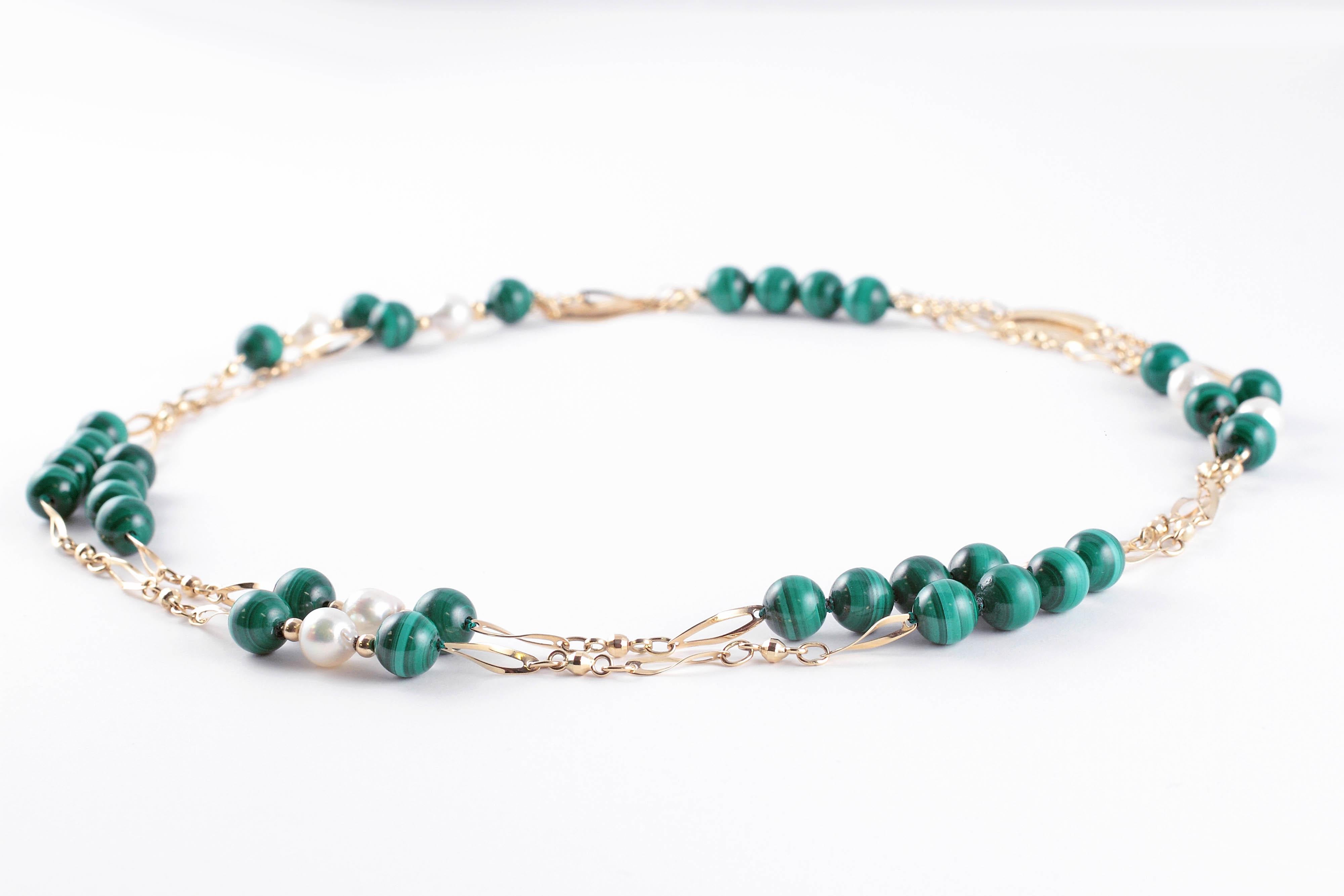 Women's or Men's Malachite Fresh Water Pearl Yellow Gold Necklace