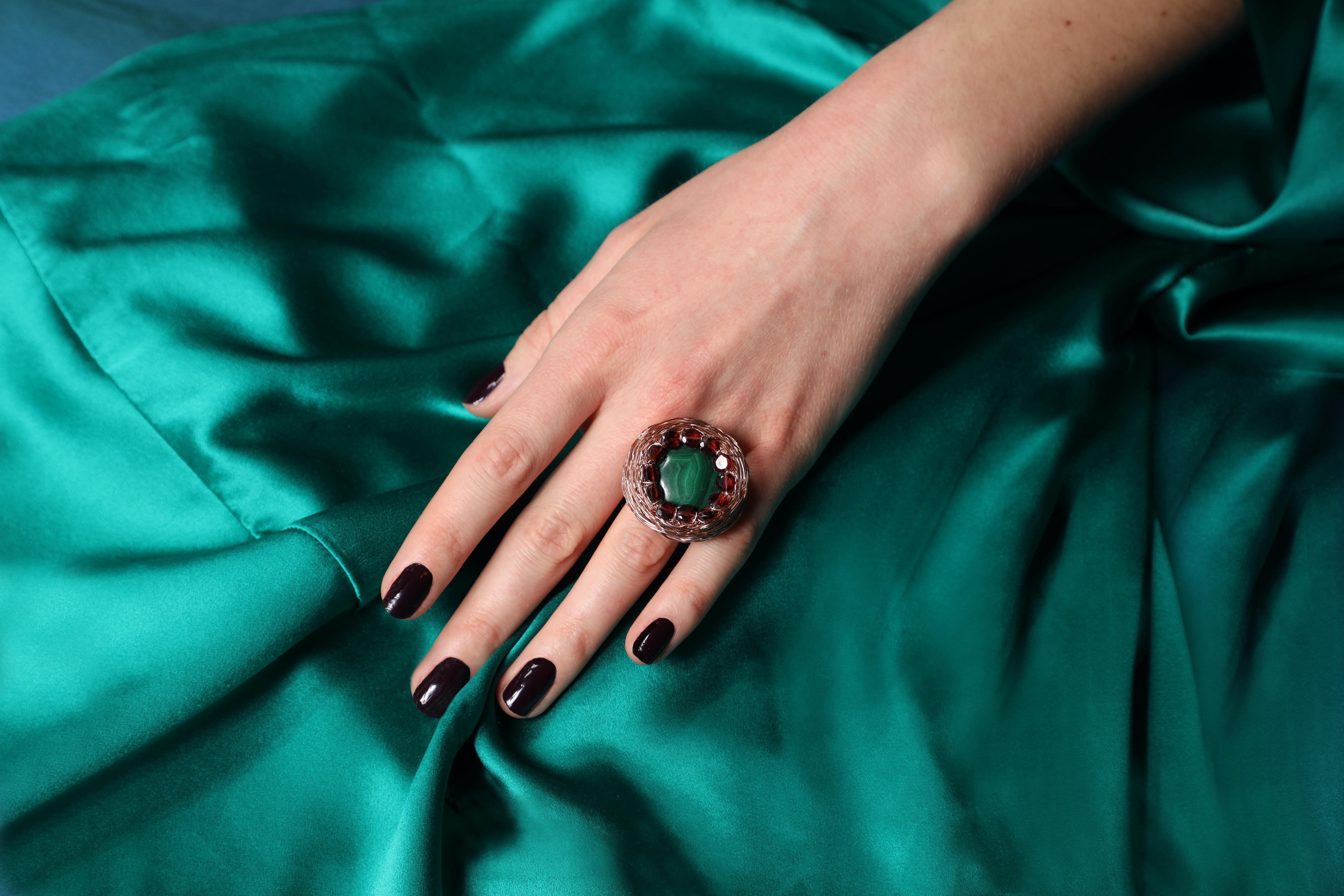 Contemporary Malachite & Garnet One-Of-a-Kind Unique Artist Cocktail Ring 14 K Rose Gold F For Sale