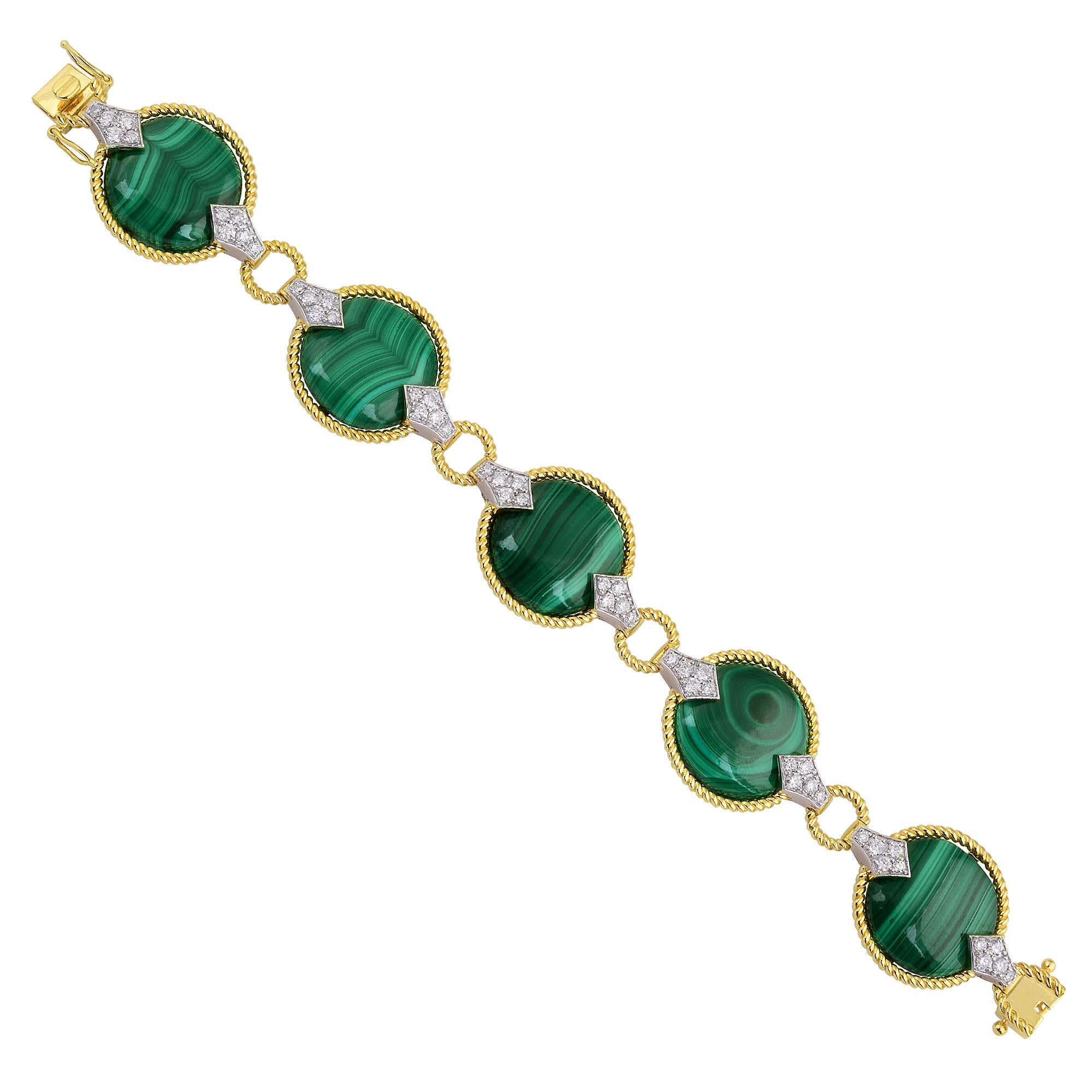 Modern Malachite Gemstone Bracelet Diamond Pave 14 Karat Yellow Gold Handmade Jewelry For Sale
