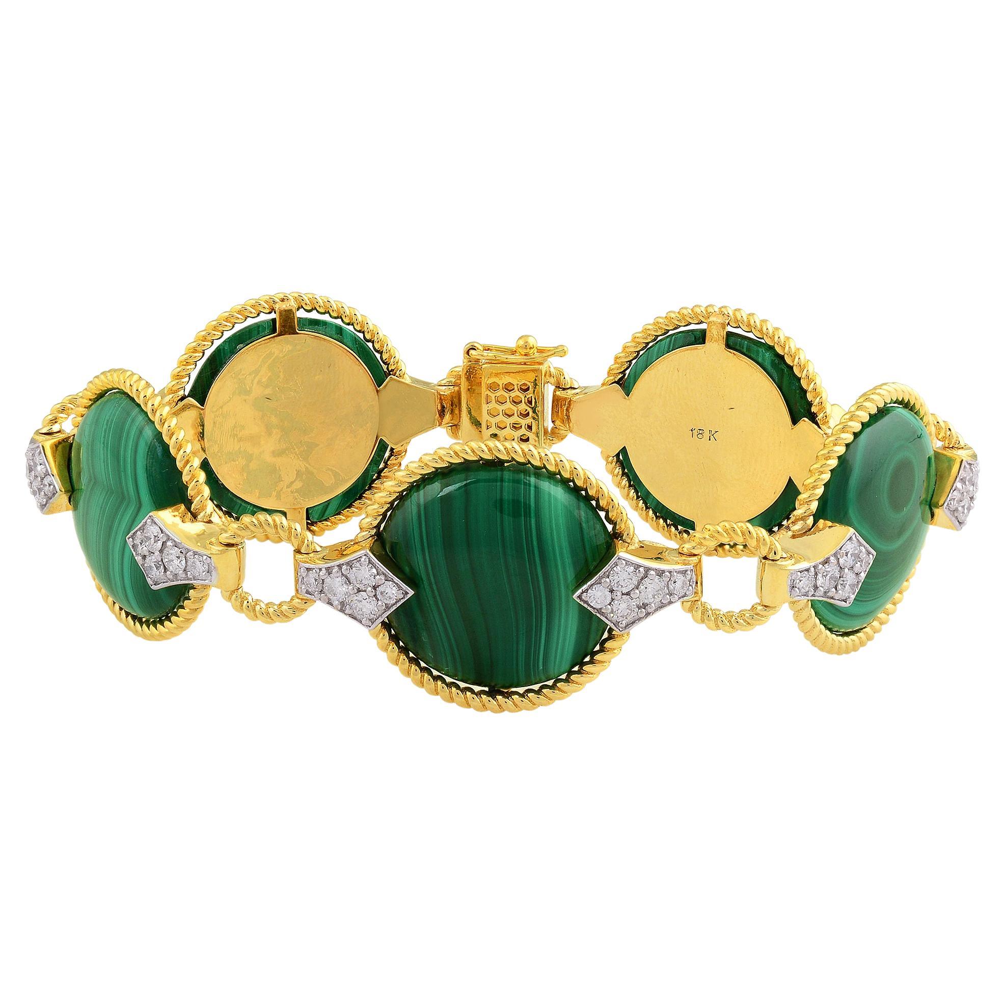 Malachite Gemstone Bracelet Diamond Pave 18 Karat Yellow Gold Handmade Jewelry