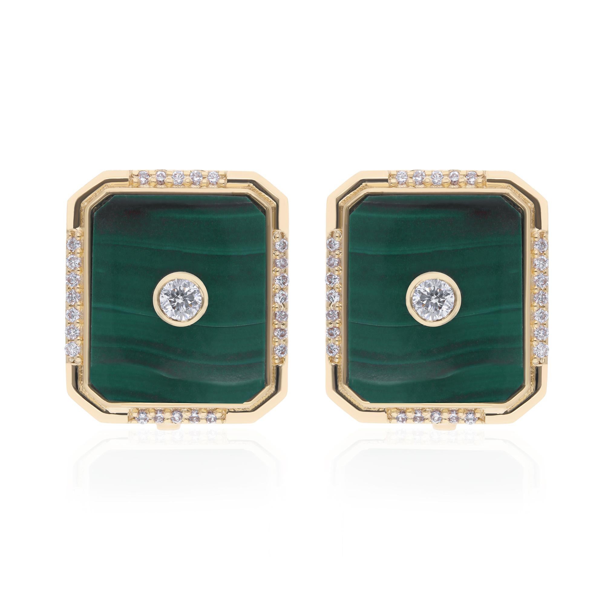 Each earring showcases a captivating malachite gemstone, renowned for its striking green hues and mesmerizing patterns, evoking the lush beauty of nature. Set in luxurious 14 karat yellow gold, the warm tones of the metal perfectly complement the
