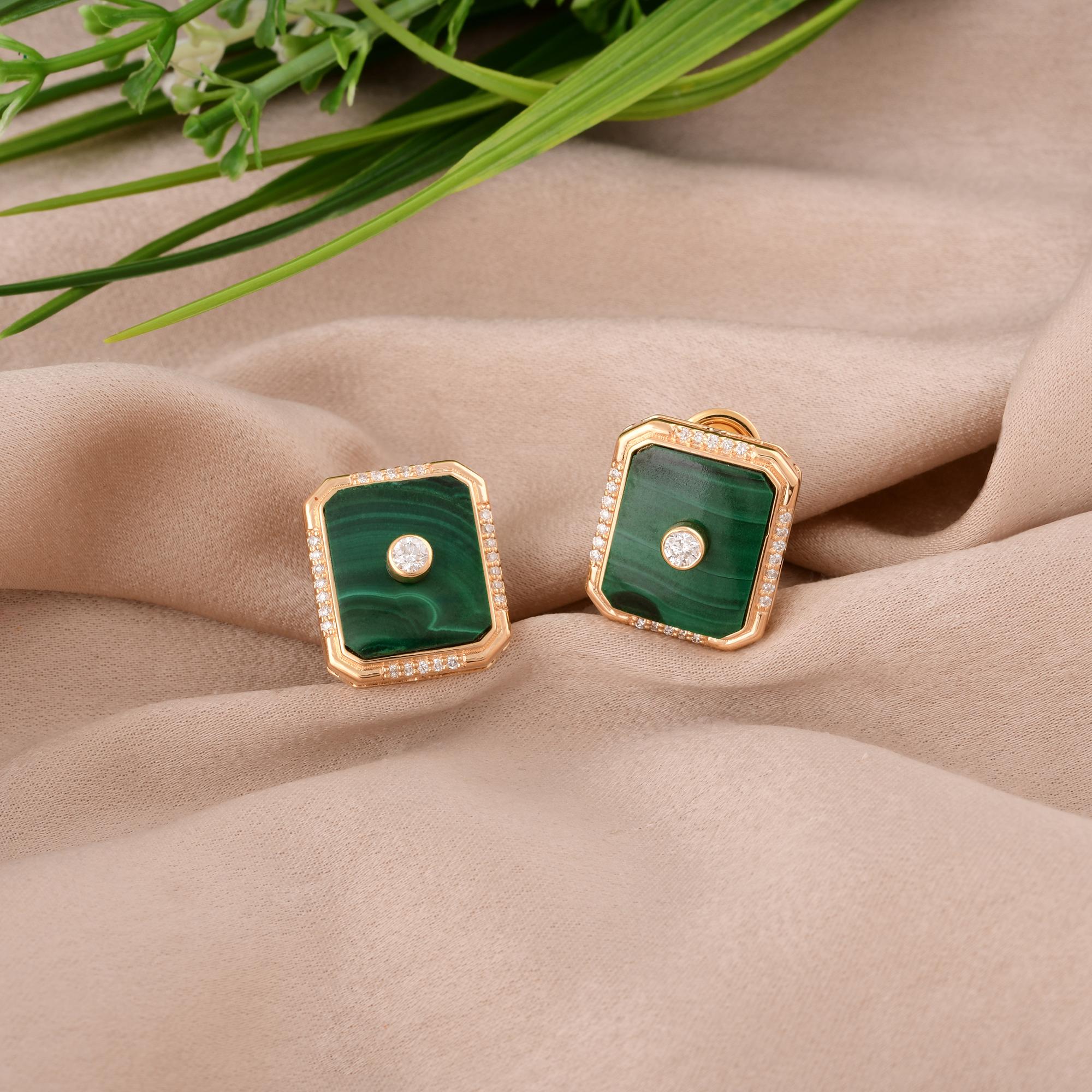 Emerald Cut Malachite Gemstone Earrings Diamond Pave 14 Karat Yellow Gold Handmade Jewelry For Sale