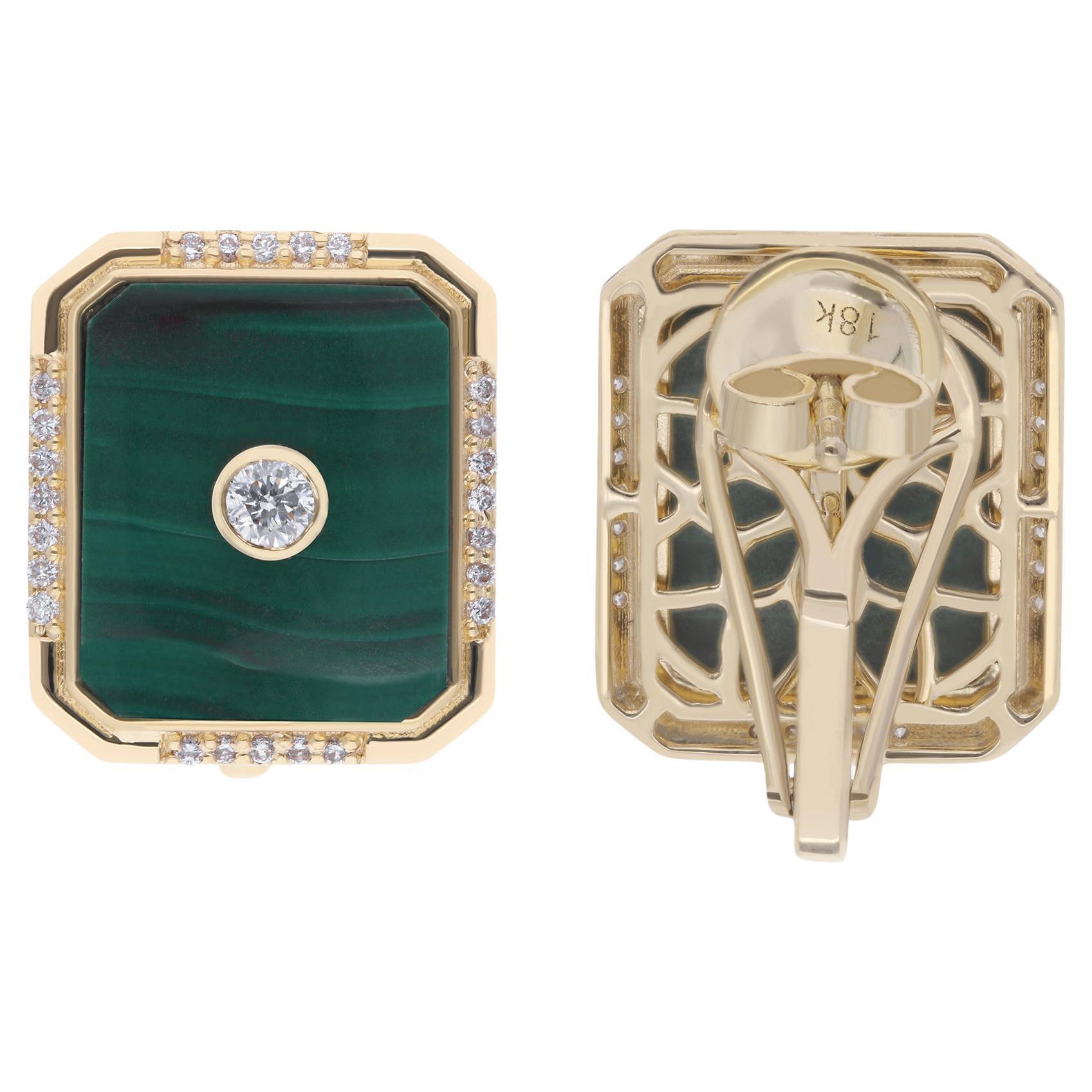 Malachite Gemstone Earrings Diamond Pave 18 Karat Yellow Gold Handmade Jewelry For Sale