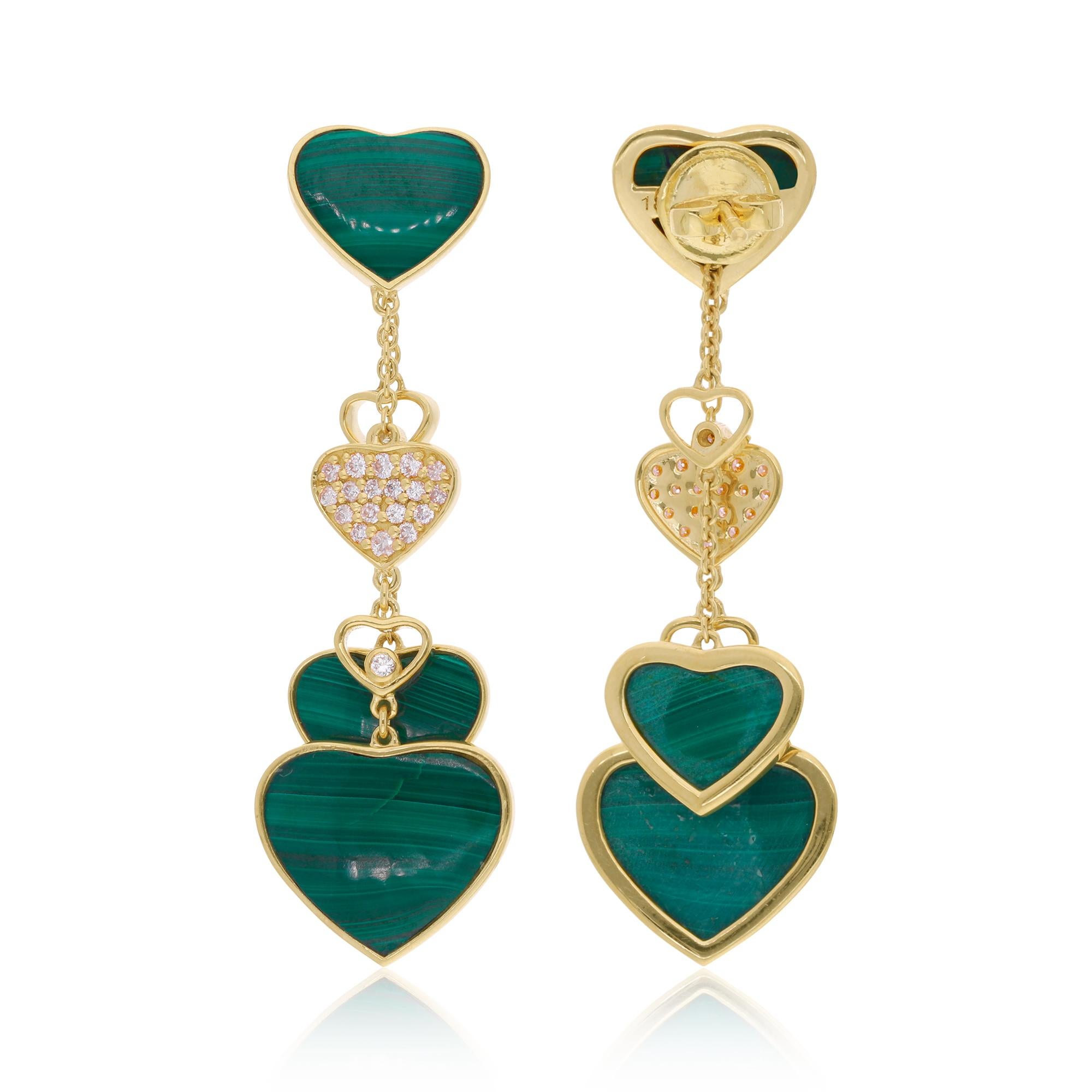 Item Code :- SEE-14638 (14k)
Gross Wt. :- 9.45 gm
14k Solid Yellow Gold Wt. :- 6.78 gm
Natural Diamond Wt. :- 0.37 Ct. ( AVERAGE DIAMOND CLARITY SI1-SI2 & COLOR H-I )
Malachite Wt. :- 13 Ct.
Earrings Size :- 47 mm approx.

✦
