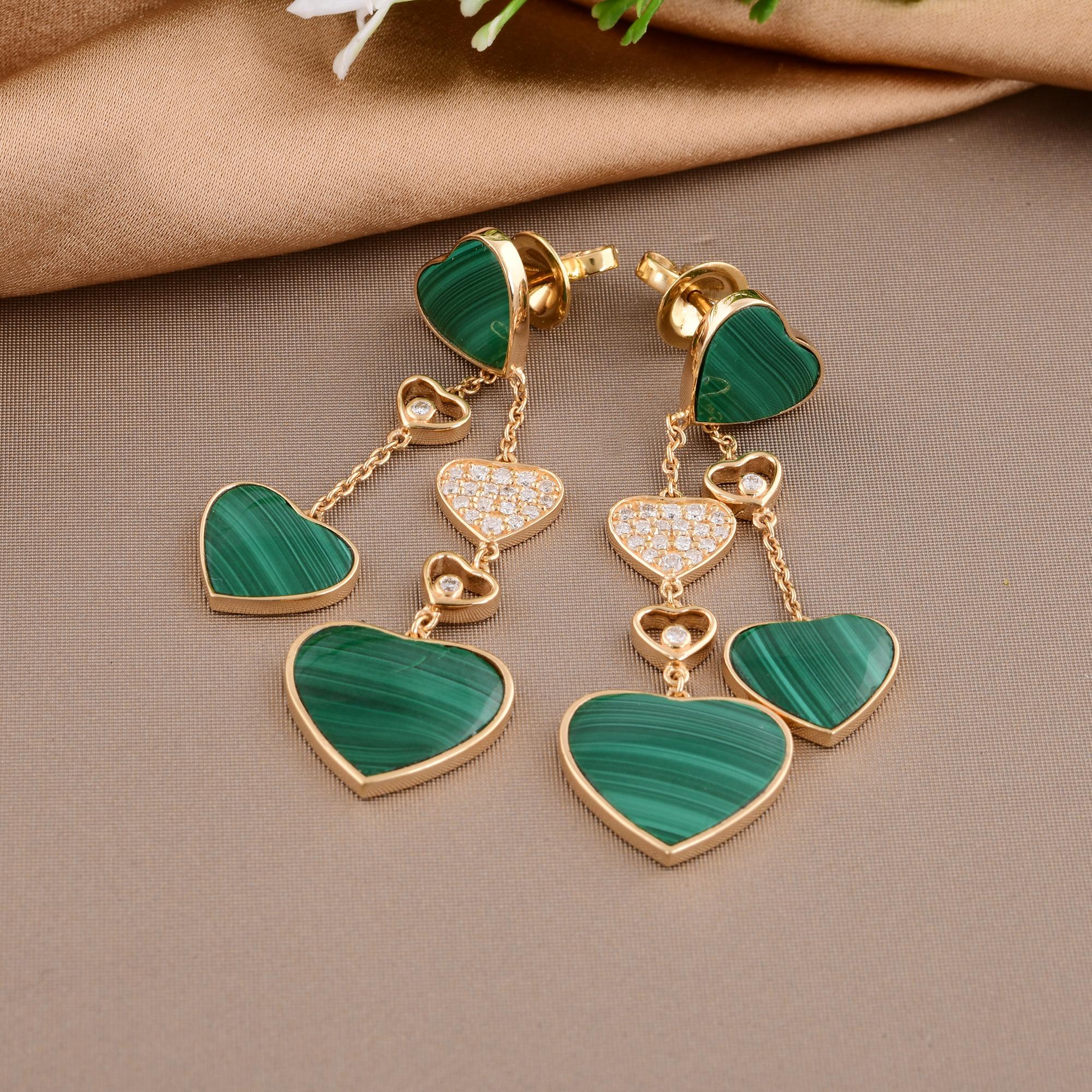 Modern Malachite Gemstone Multi Heart Fine Dangle Earrings Diamond 14 Karat Yellow Gold For Sale