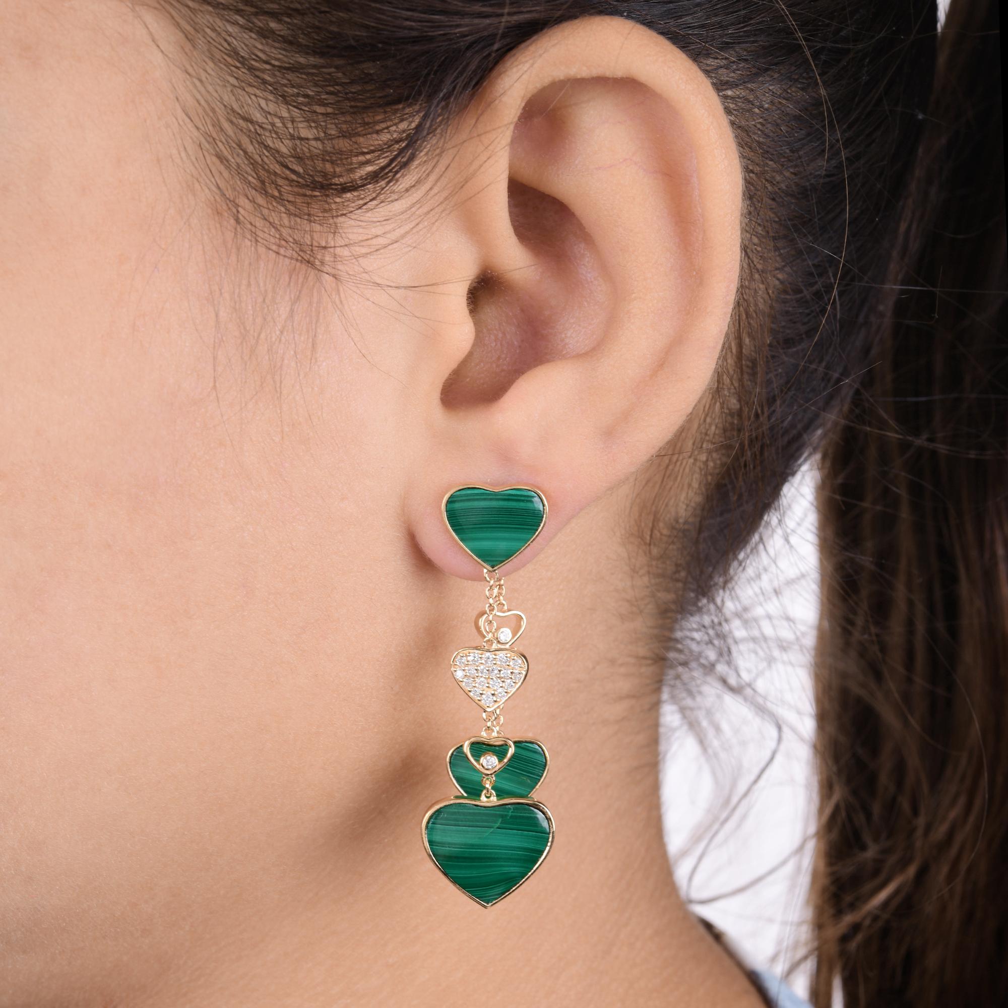 Heart Cut Malachite Gemstone Multi Heart Fine Dangle Earrings Diamond 14 Karat Yellow Gold For Sale