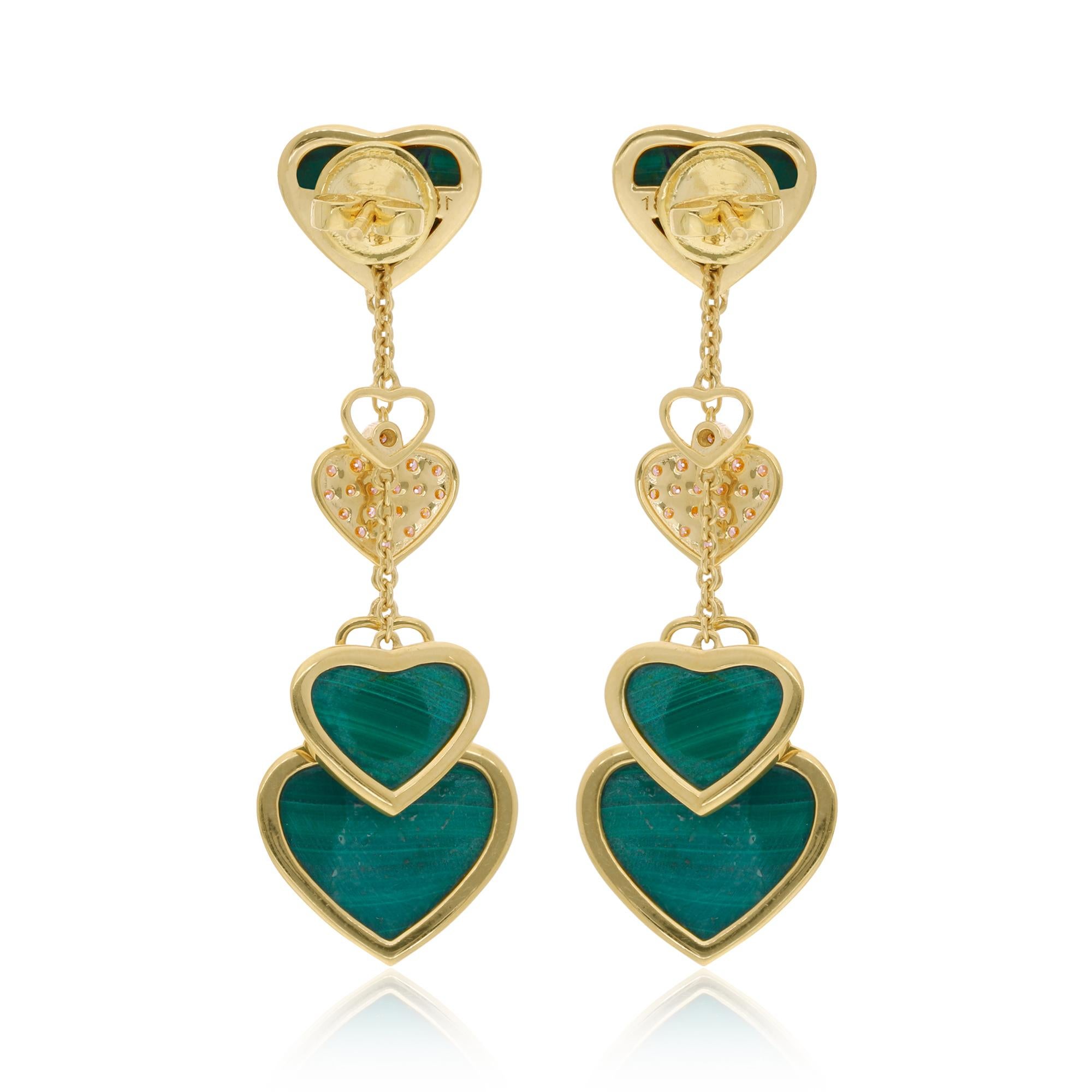 Women's Malachite Gemstone Multi Heart Fine Dangle Earrings Diamond 14 Karat Yellow Gold For Sale