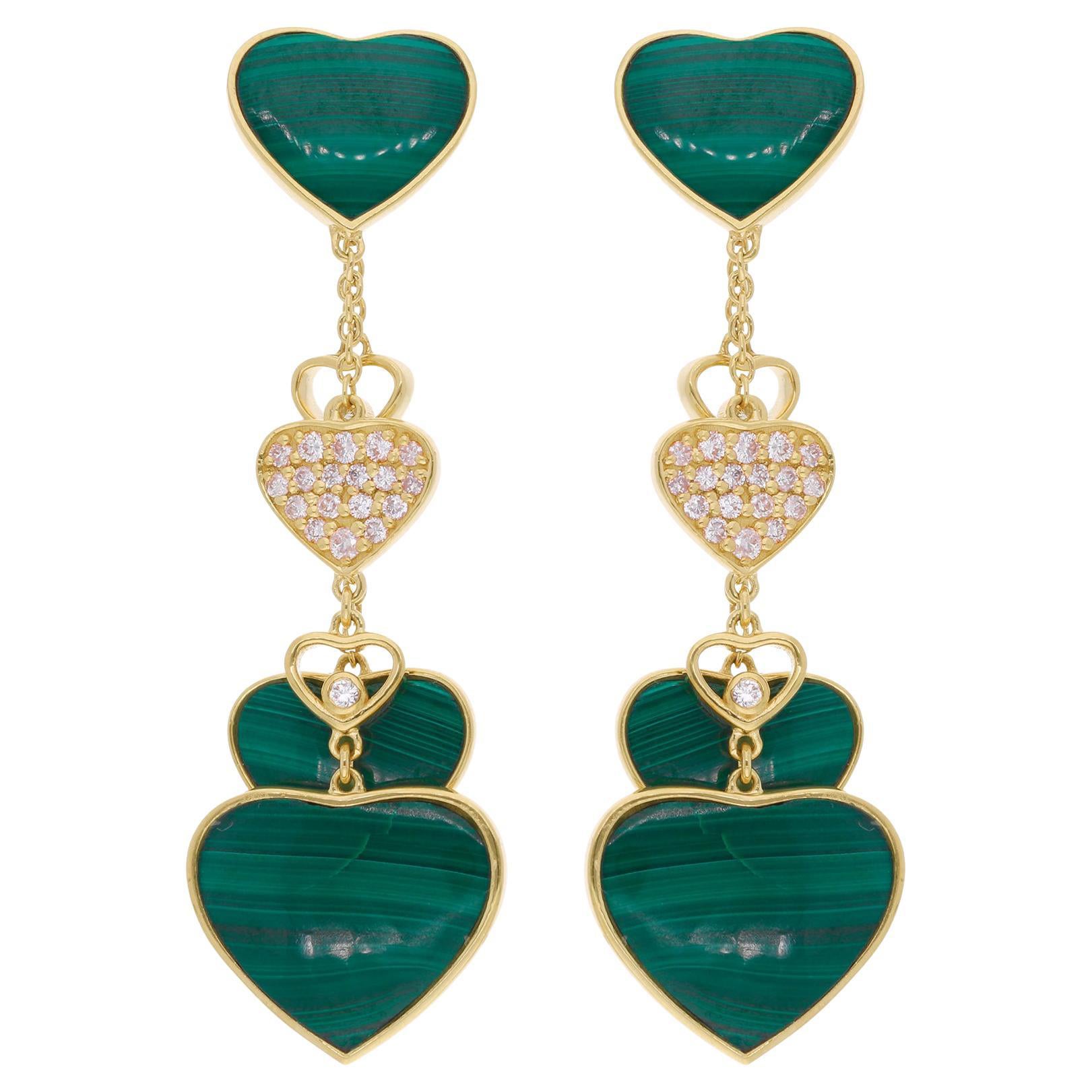 Malachit Edelstein Multi Heart Fine Dangle Ohrringe Diamant 14 Karat Gelbgold