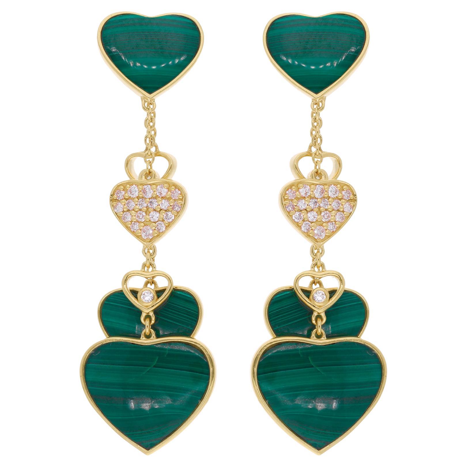 Malachite Gemstone Multi Heart Fine Dangle Earrings Diamond 18 Karat Yellow Gold For Sale