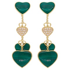 Malachite Gemstone Multi Heart Fine Dangle Earrings Diamond 18 Karat Yellow Gold