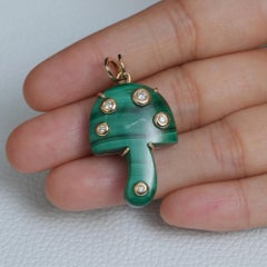 Malachite Gemstone Solid 14k Yellow Gold Natural Diamond Mushroom Charm Pendant