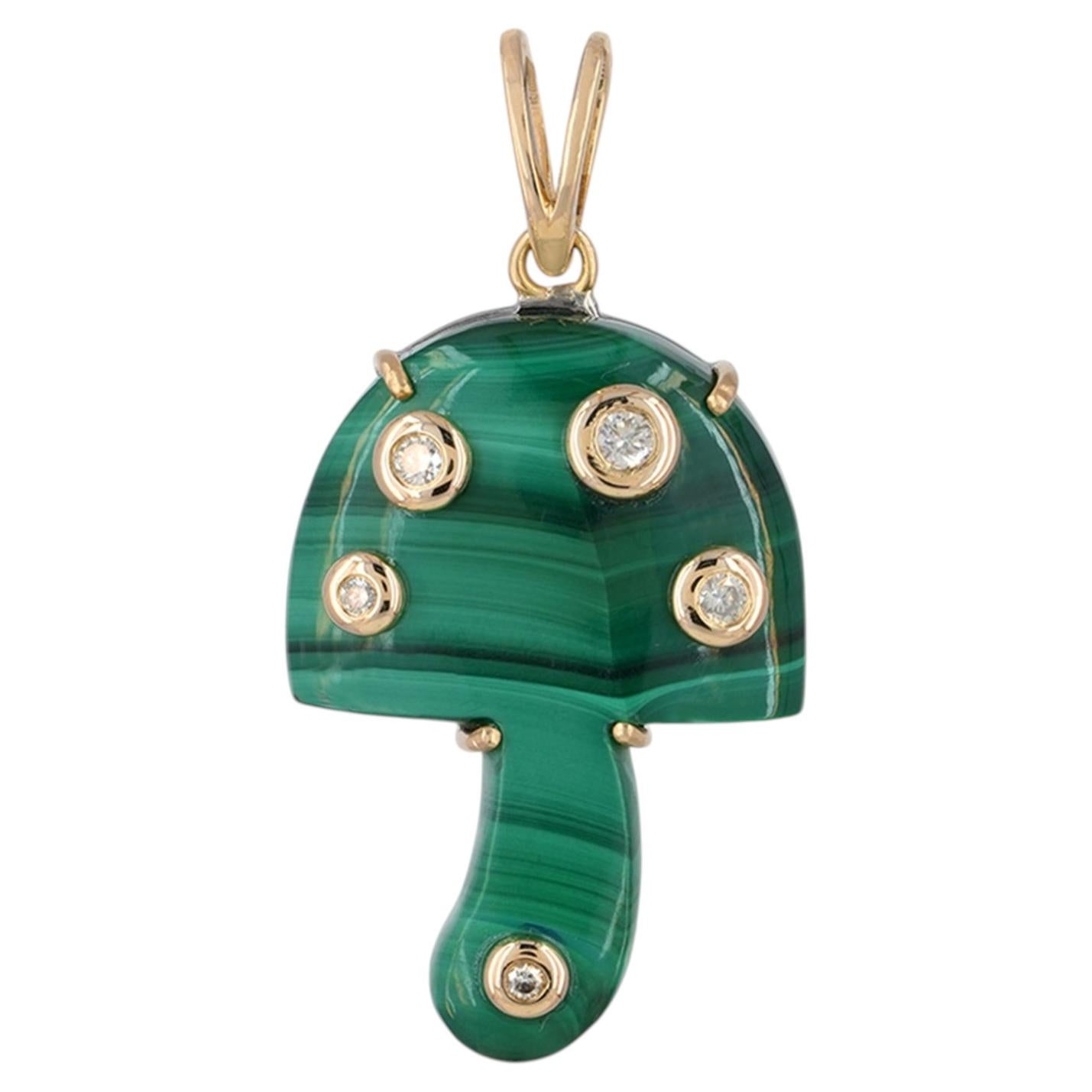 Malachite Gemstone Solid 14k Yellow Gold Natural Diamond Mushroom Charm Pendant For Sale
