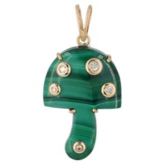 Malachite Gemstone Solid 14k Yellow Gold Natural Diamond Mushroom Charm Pendant