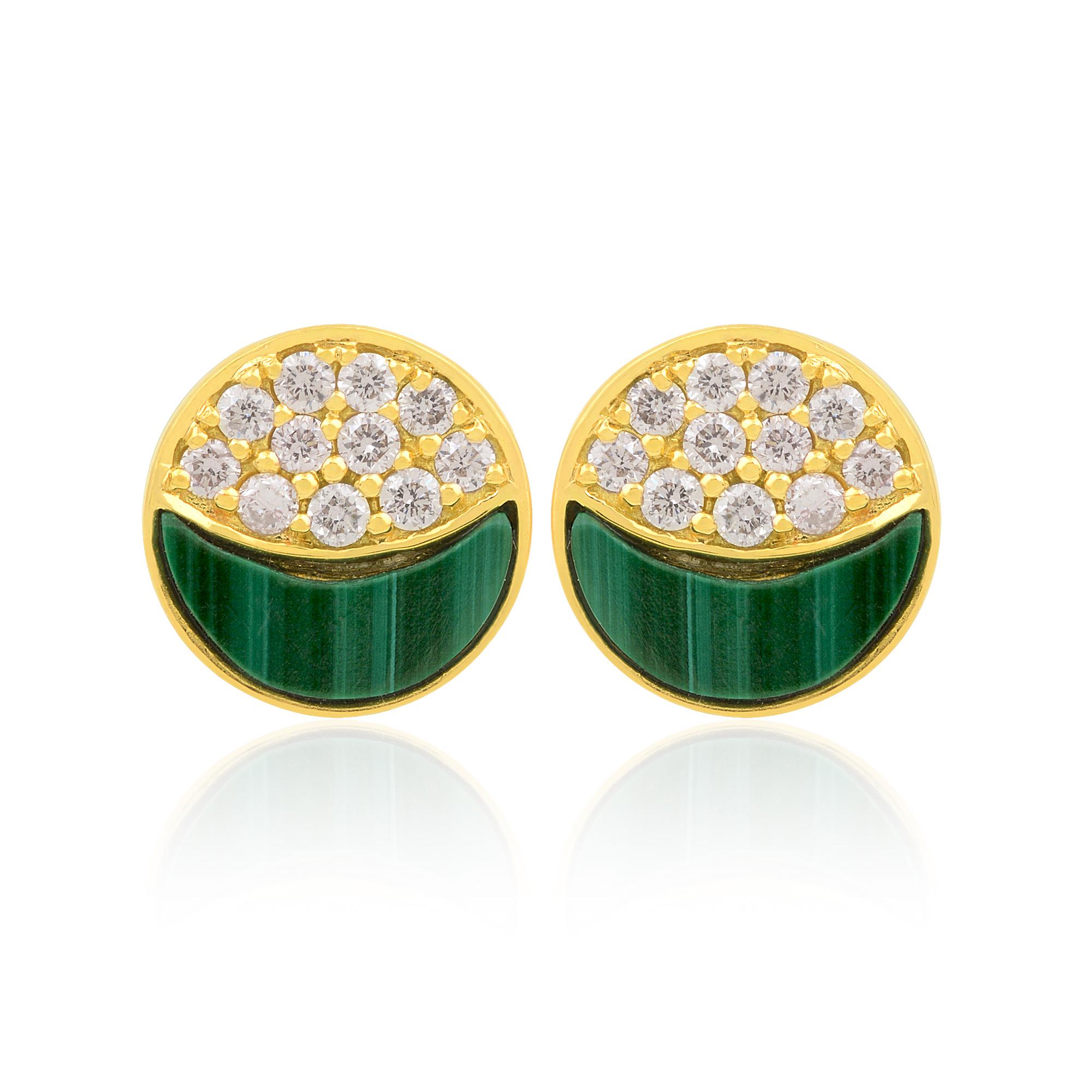 Item Code :- CN-16770
Gross Wt. :- 2.95 gm
18k Solid Yellow Gold Wt. :- 2.63 gm
Natural Diamond Wt. :- 0.32 Ct.  ( AVERAGE DIAMOND CLARITY SI1-SI2 & COLOUR H-I )
Malachite Wt. :- 1.27 Ct. 
Earrings Size :- 10 mm approx.

✦