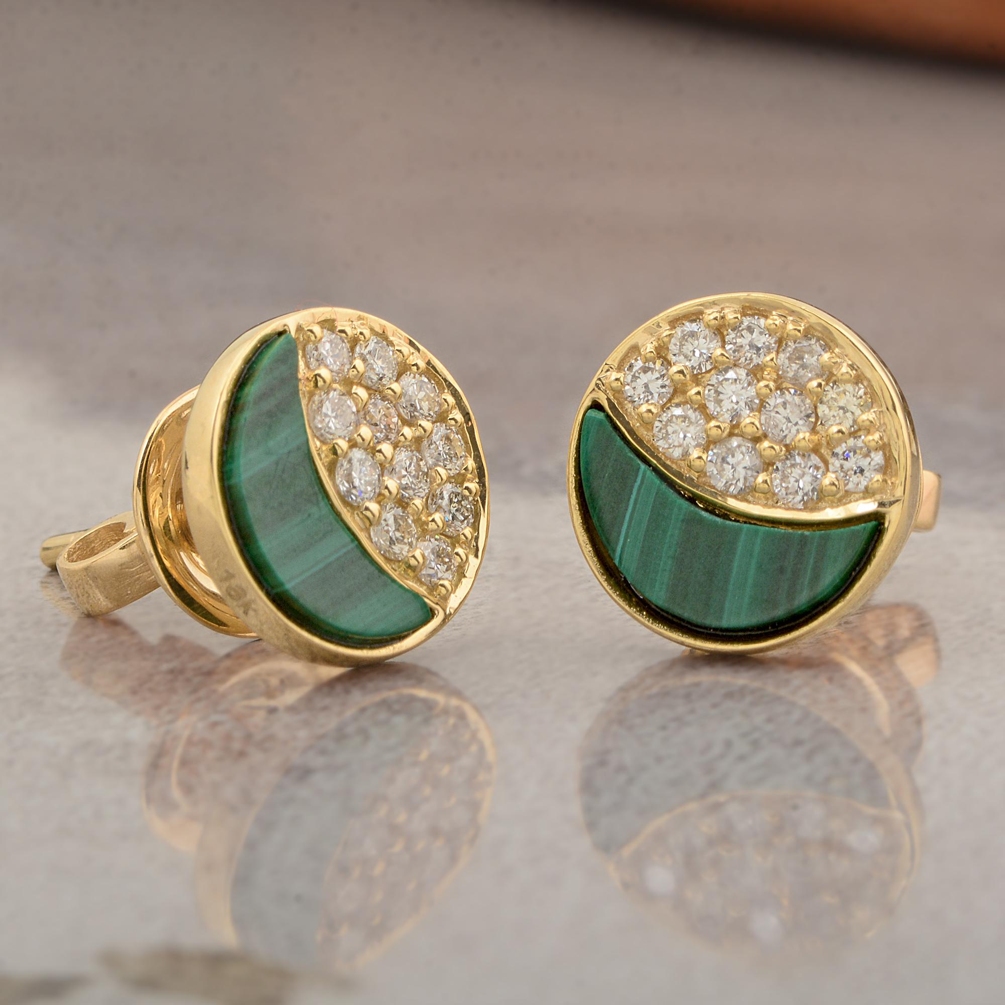 Modern Natural Malachite Gemstone Stud Earrings Diamond 18 Karat Yellow Gold Jewelry For Sale