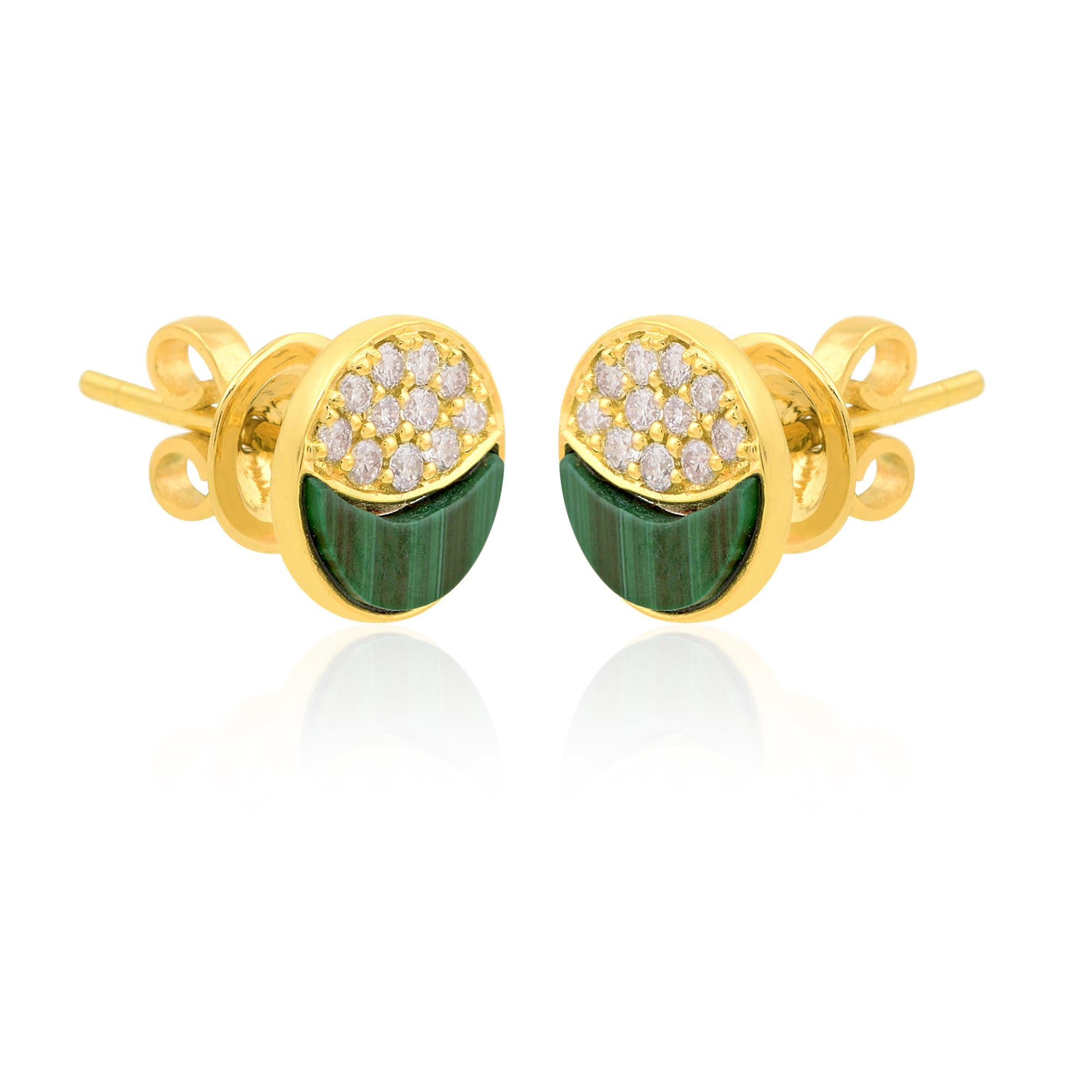 Women's Natural Malachite Gemstone Stud Earrings Diamond 18 Karat Yellow Gold Jewelry For Sale