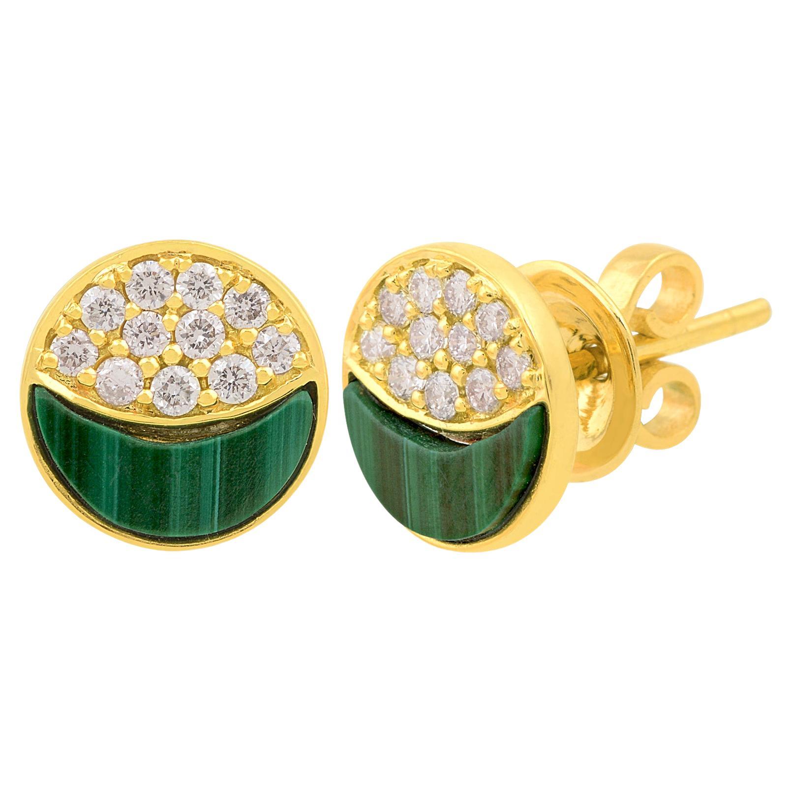 Natural Malachite Gemstone Stud Earrings Diamond 18 Karat Yellow Gold Jewelry