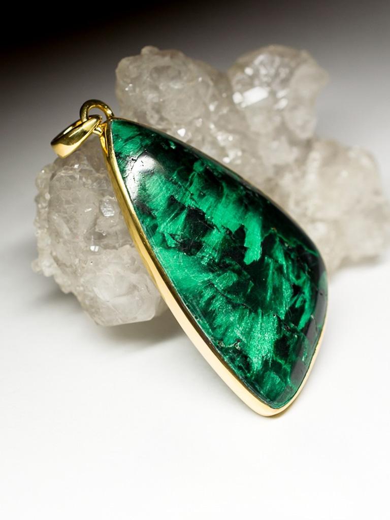 Women's or Men's Malachite Gold Necklace Cabochon Triangle Gem Forest Green Healing Gemstone For Sale