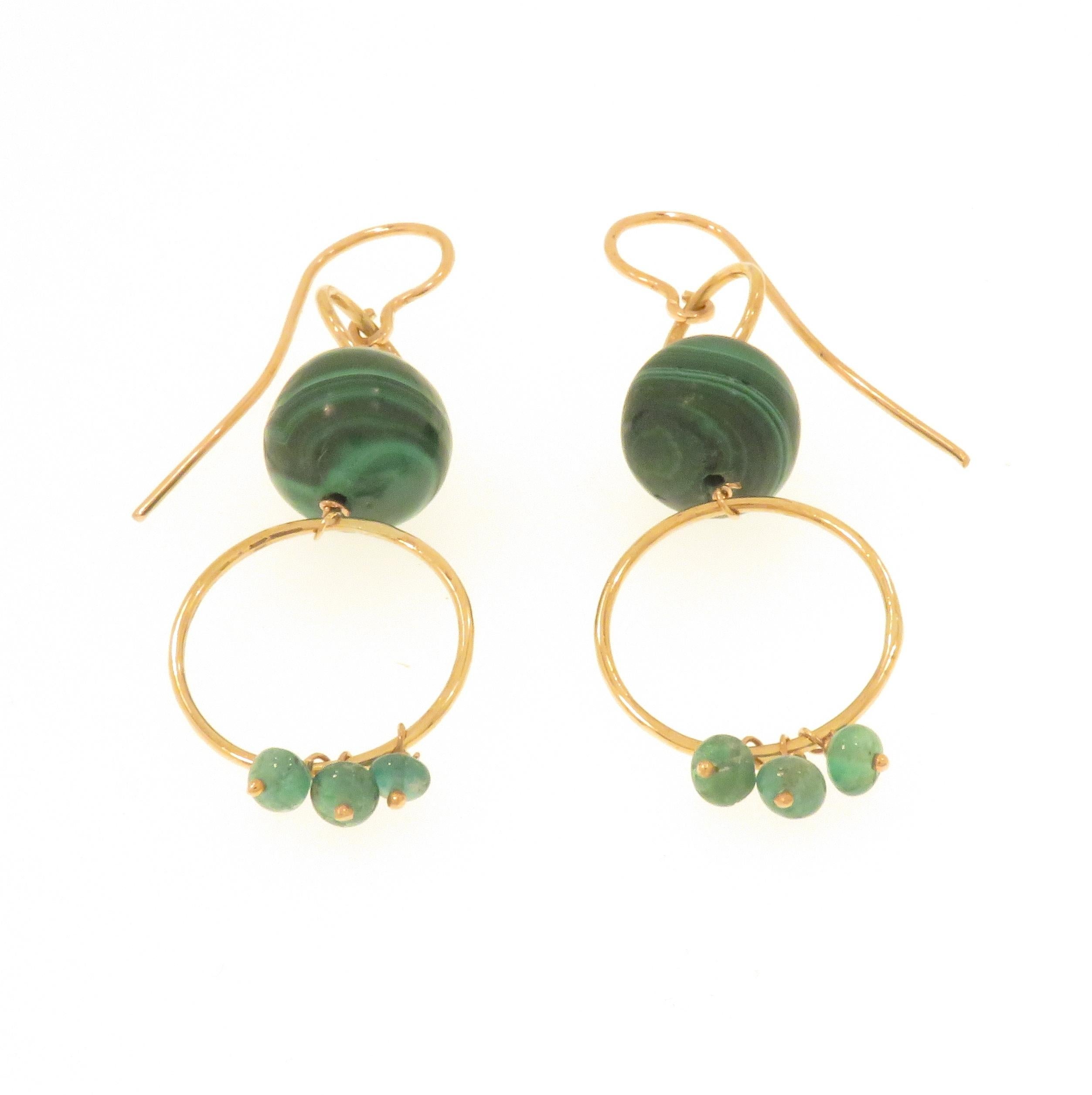 Dangle earrings with natural malachite beads and 6 green emerald  little beads, handcrafted in 9 karat rose gold. The total length of each earring is 60 mm / 2.362 inches. They are marked with the Italian Gold Mark 375 and Botta Gioielli brandmark