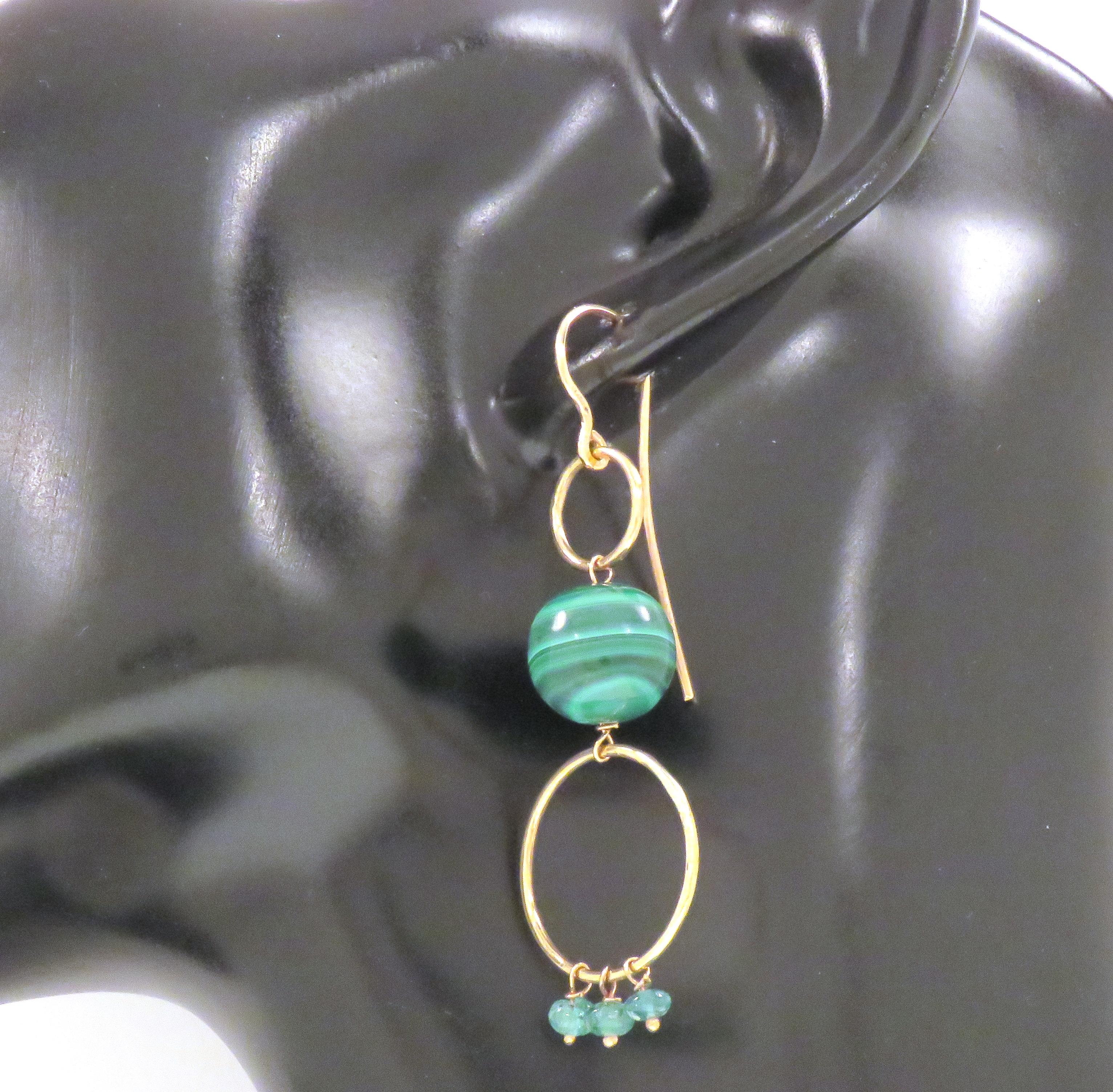 Contemporary Malachite Green Emerald 9 Karat Rose Gold Dangle Earrings Handcrafted in Italy For Sale
