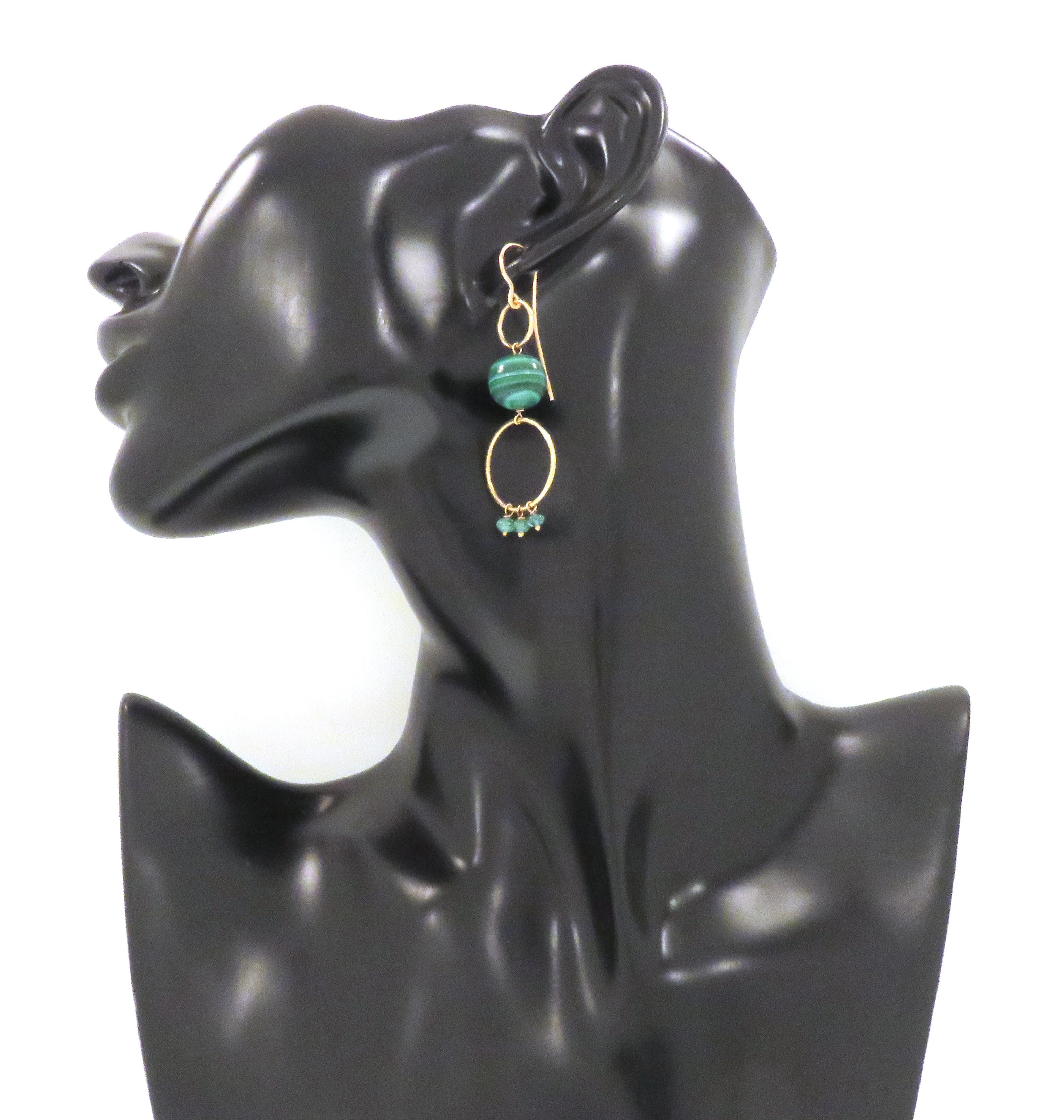 Ball Cut Malachite Green Emerald 9 Karat Rose Gold Dangle Earrings Handcrafted in Italy For Sale