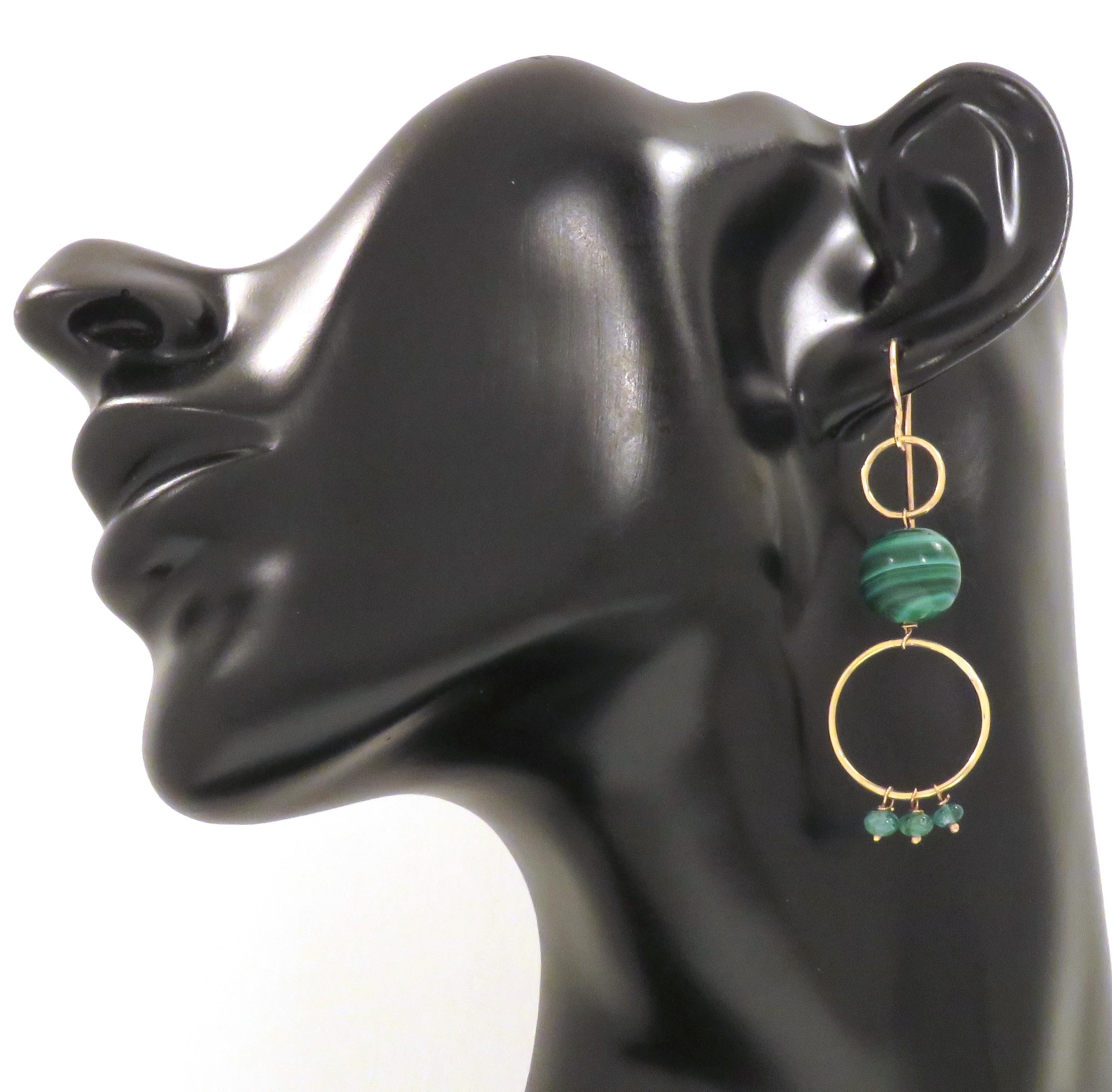 Women's or Men's Malachite Green Emerald 9 Karat Rose Gold Dangle Earrings Handcrafted in Italy For Sale