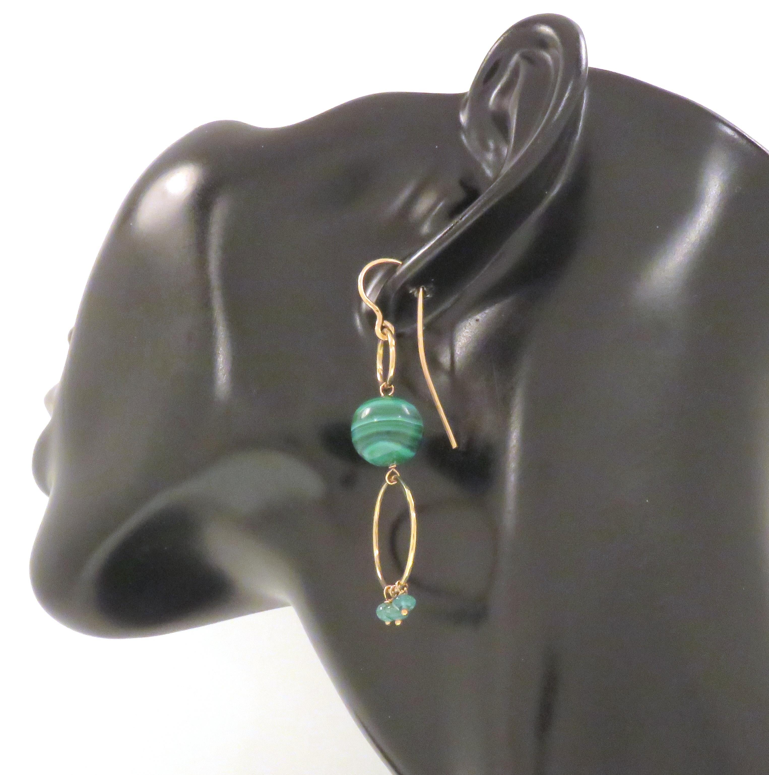 Malachite Green Emerald 9 Karat Rose Gold Dangle Earrings Handcrafted in Italy For Sale 1