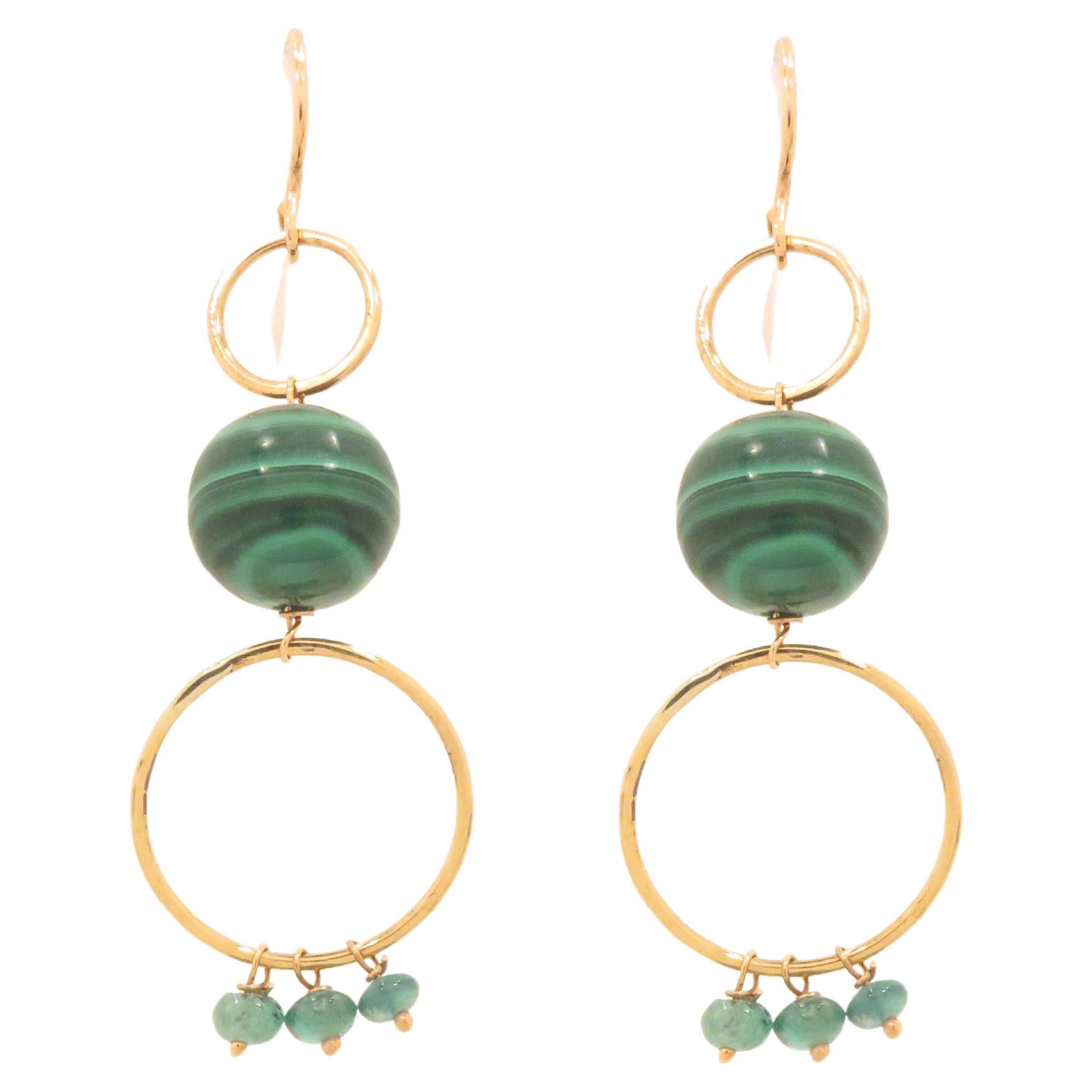 Malachite Green Emerald 9 Karat Rose Gold Dangle Earrings Handcrafted in Italy For Sale