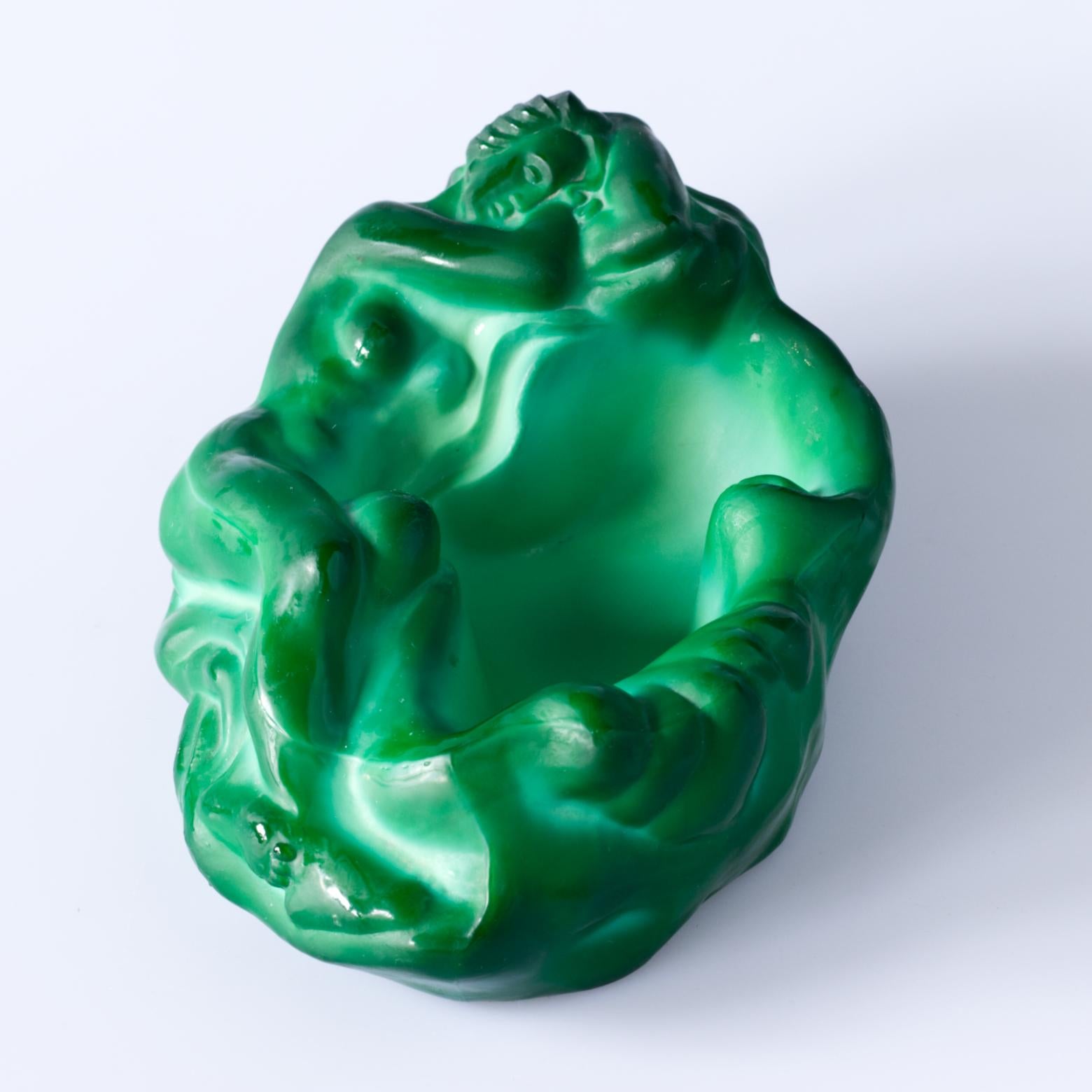 Malachite Green Glass Art Deco Ashtray / bowl by Frantisek Halama, 1930s 6