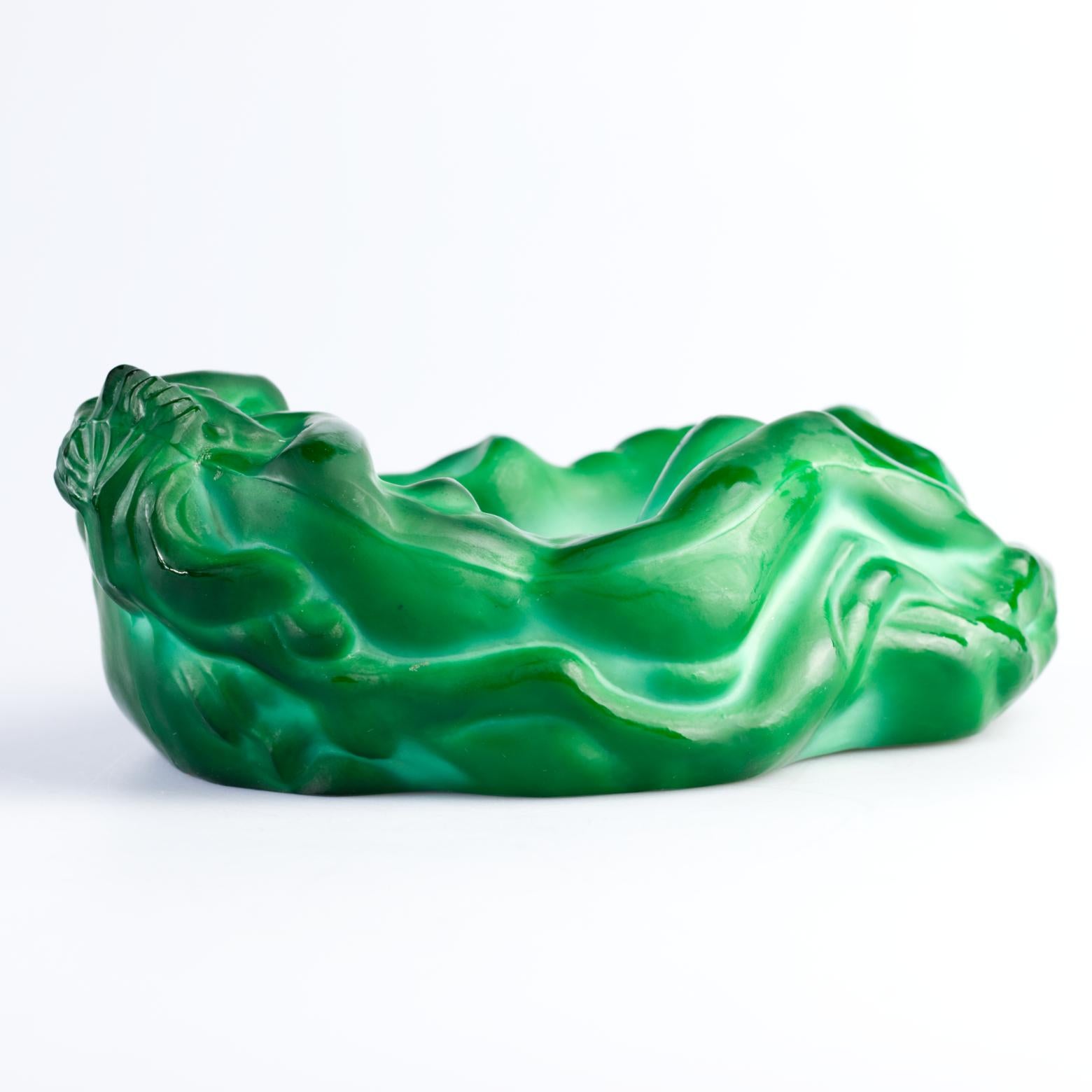 Malachite Green Glass Art Deco Ashtray / bowl by Frantisek Halama, 1930s In Good Condition In Lucenec, SK
