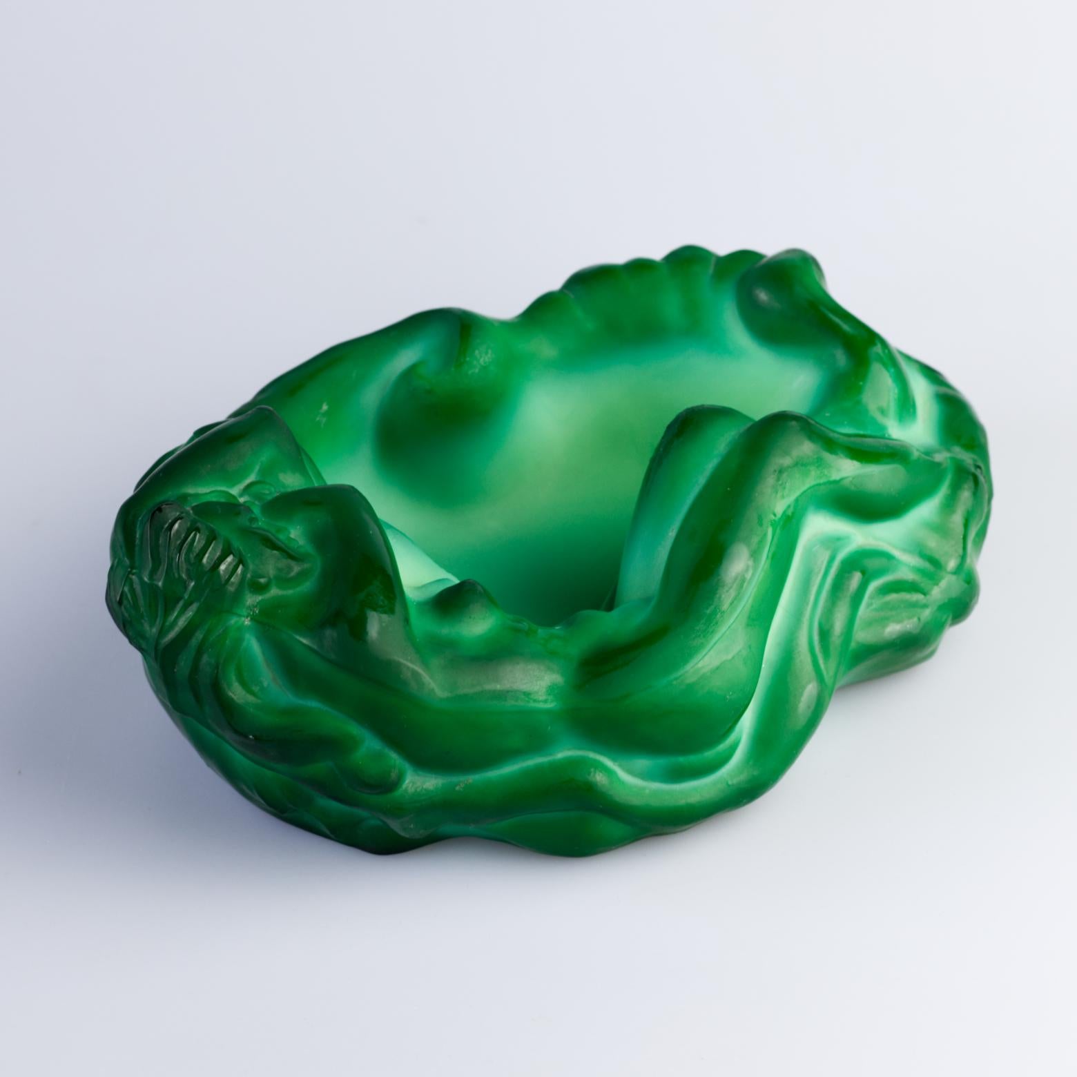 Malachite Green Glass Art Deco Ashtray / bowl by Frantisek Halama, 1930s 3