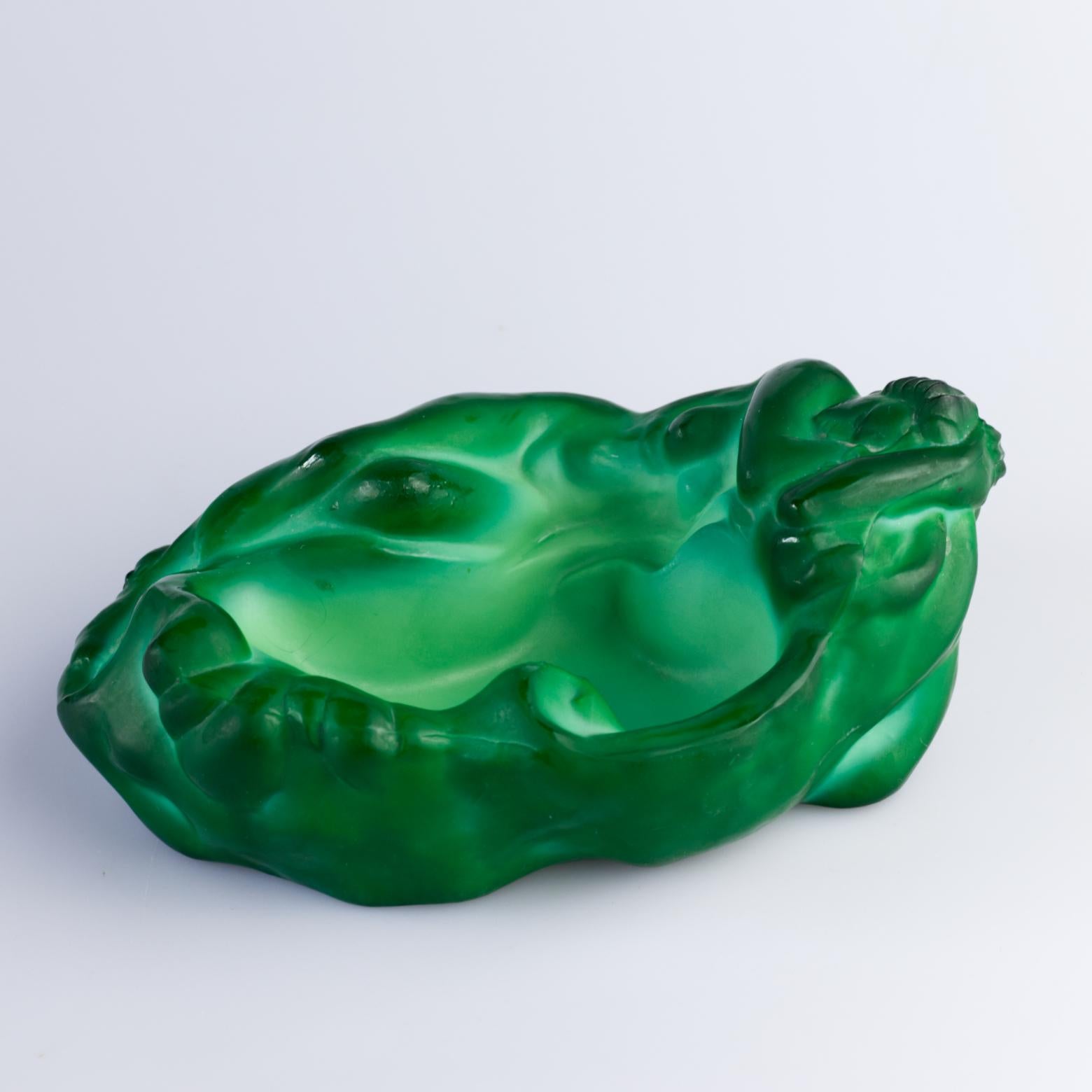 Malachite Green Glass Art Deco Ashtray / bowl by Frantisek Halama, 1930s 5