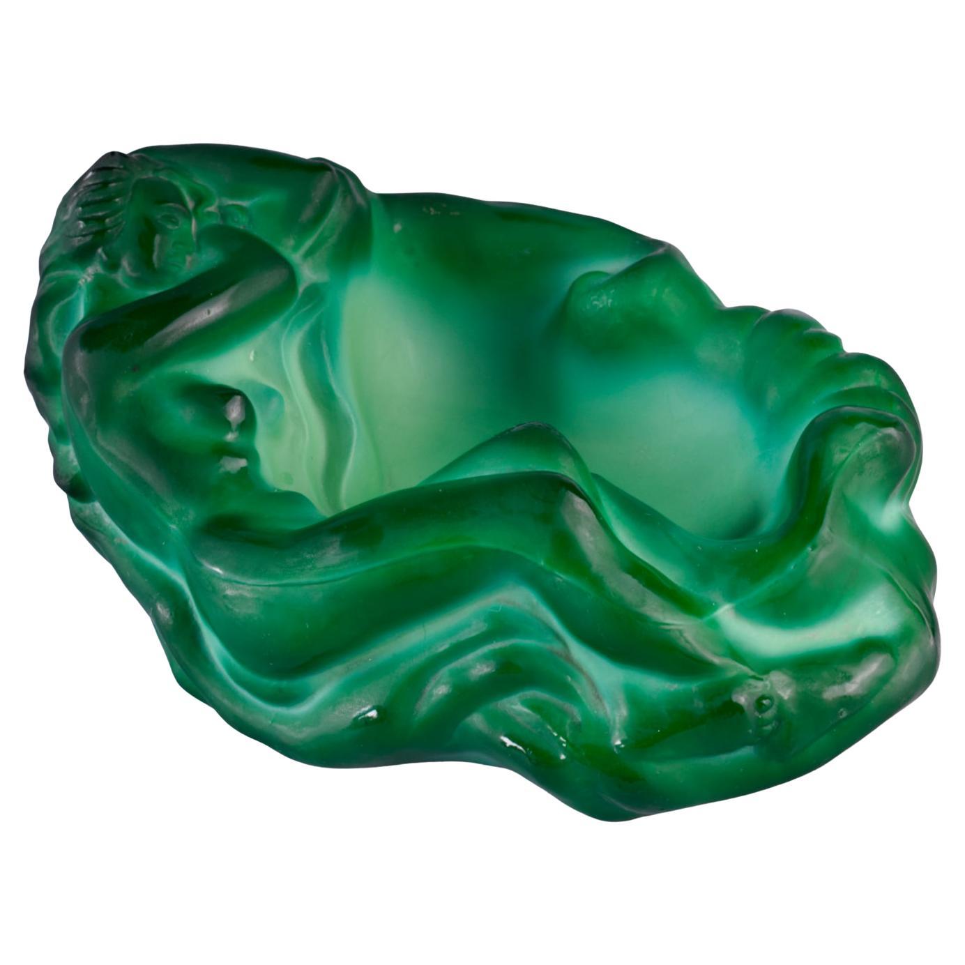 Malachite Green Glass Art Deco Ashtray / bowl by Frantisek Halama, 1930s