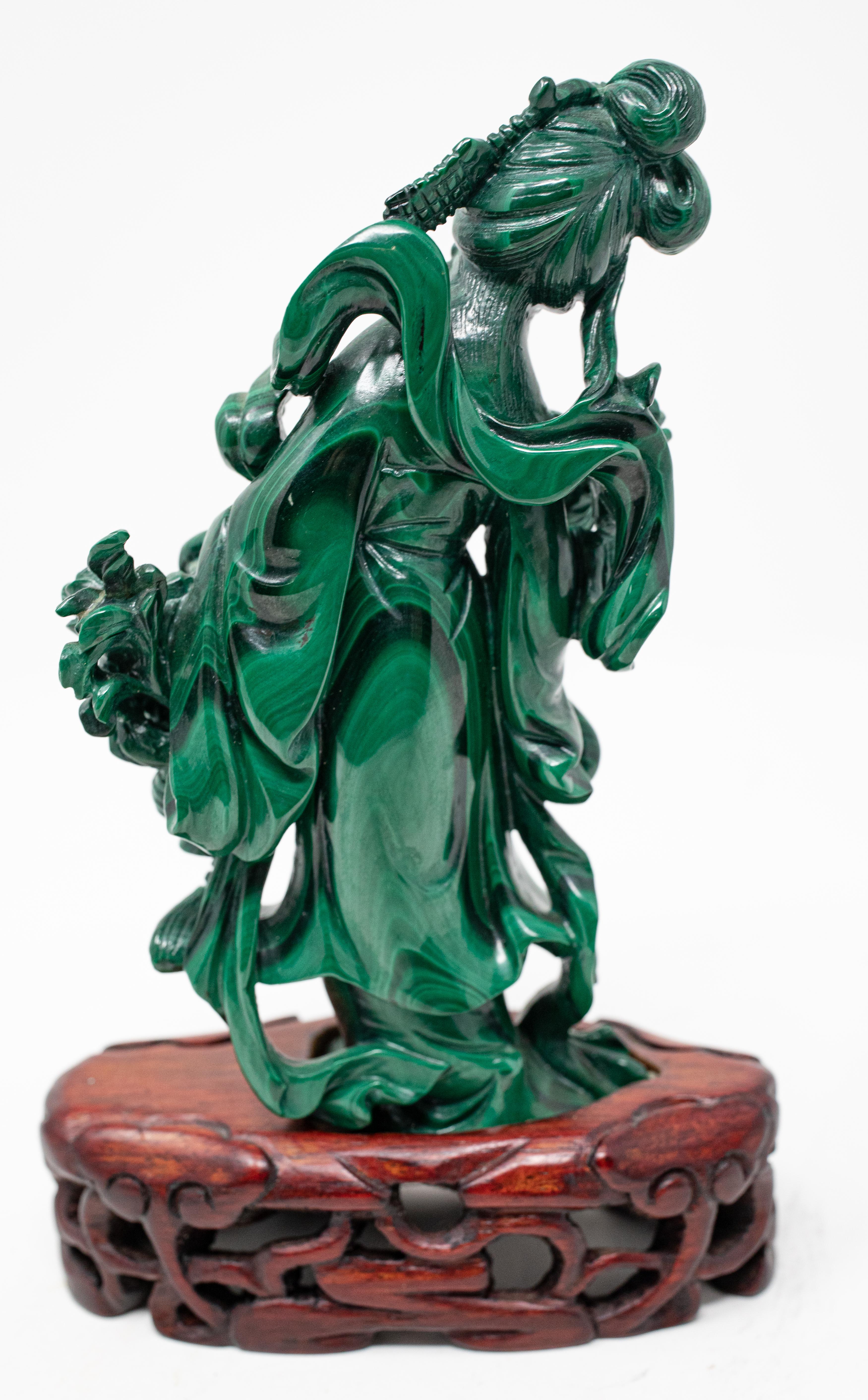 Chinese Export Malachite He Xiangu Statue on Rosewood Base, Midcentury For Sale