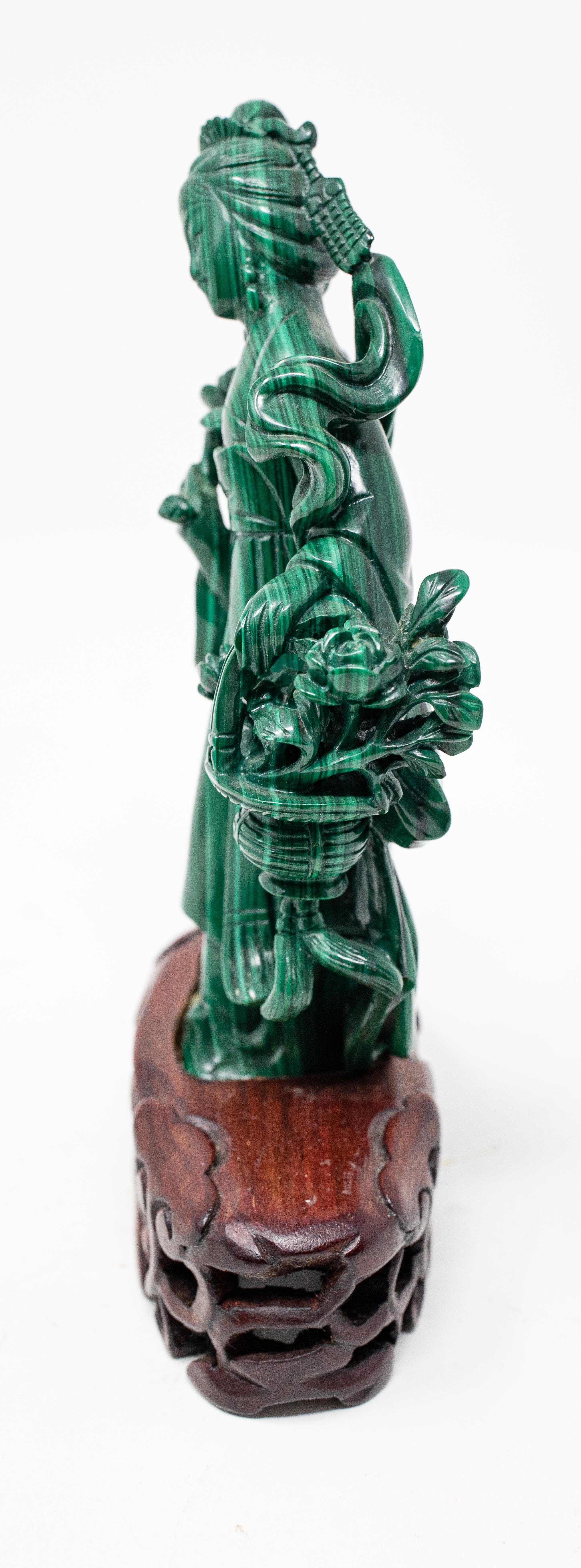 Chinese Malachite He Xiangu Statue on Rosewood Base, Midcentury For Sale