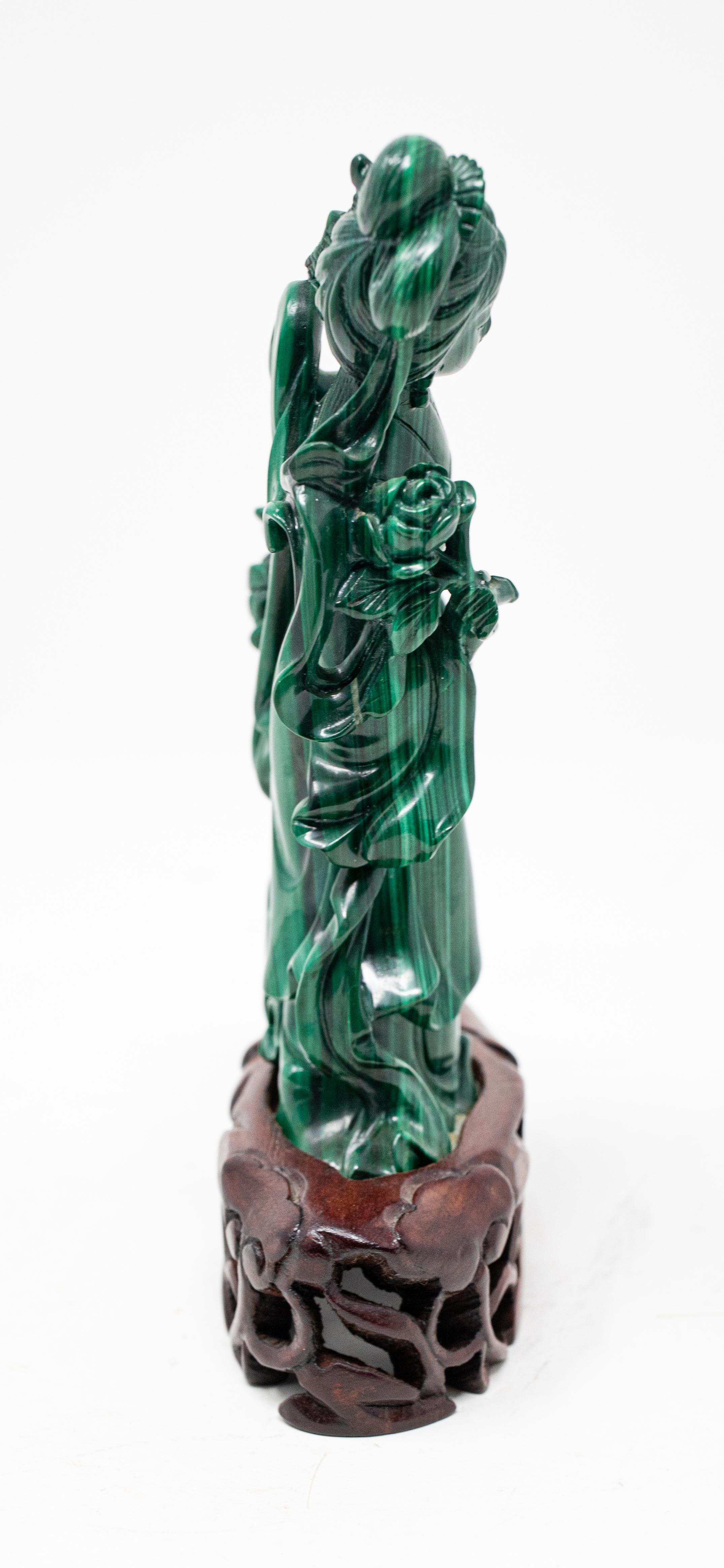 Hand-Carved Malachite He Xiangu Statue on Rosewood Base, Midcentury For Sale