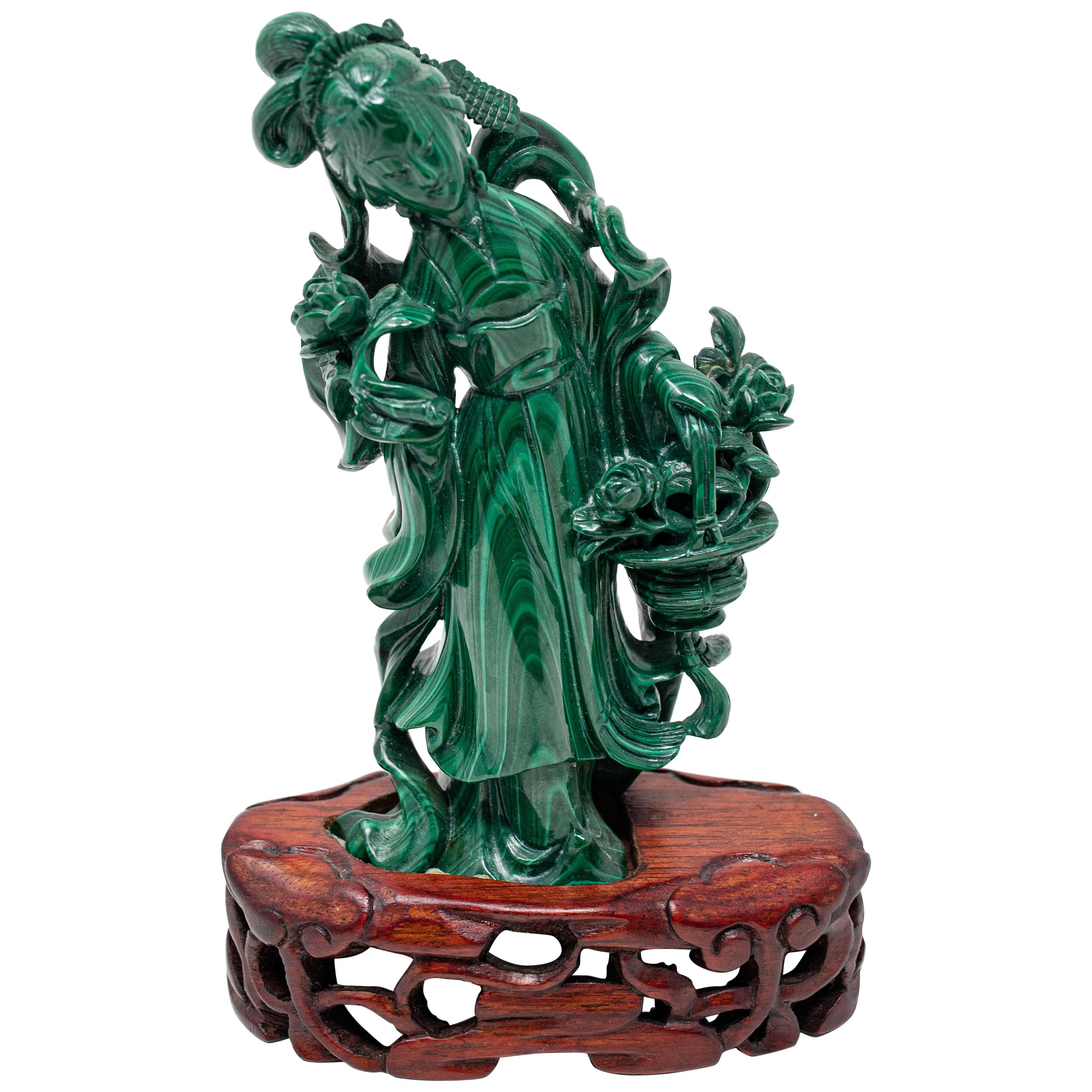 Malachite He Xiangu Statue on Rosewood Base, Midcentury For Sale