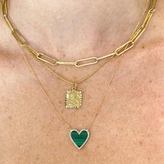 Malachit Herz Diamant Halo Stationary Anhänger Halskette 14K Gelbgold