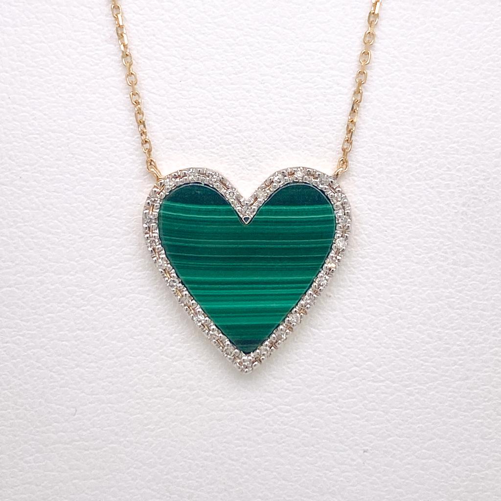Collar Colgante Estacionario Corazón Malaquita Diamante Halo Oro Amarillo 14K en venta 1