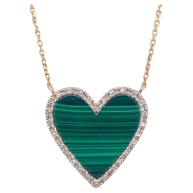 Malachite Heart Diamond Halo Stationary Pendant Necklace 14K Yellow Gold