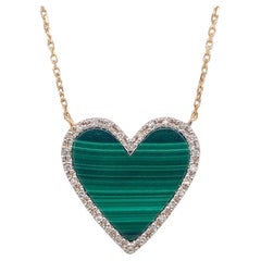 Malachite Heart Diamond Halo Stationary Pendant Necklace 14K Yellow Gold