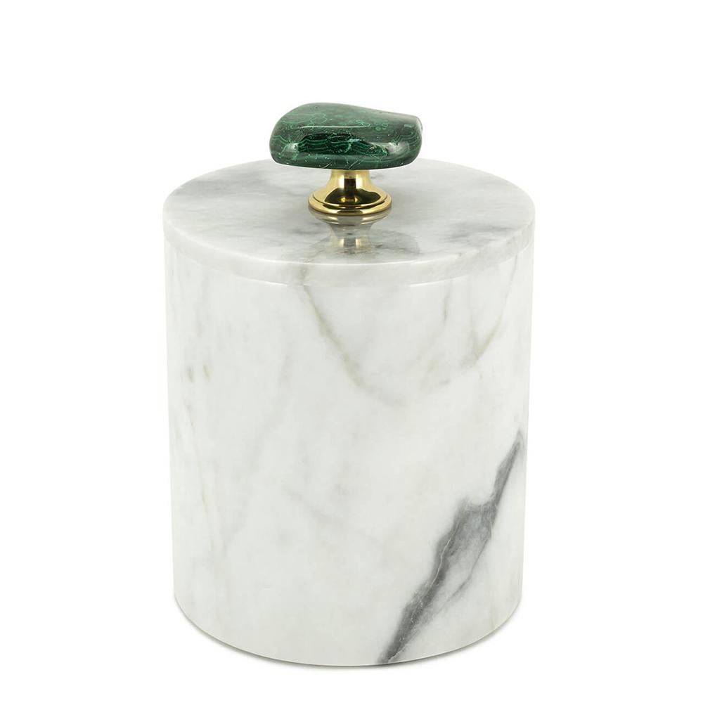 Box Malachite high all in white marble, box with lid 
with handle in real malachite stone with gold finish base.