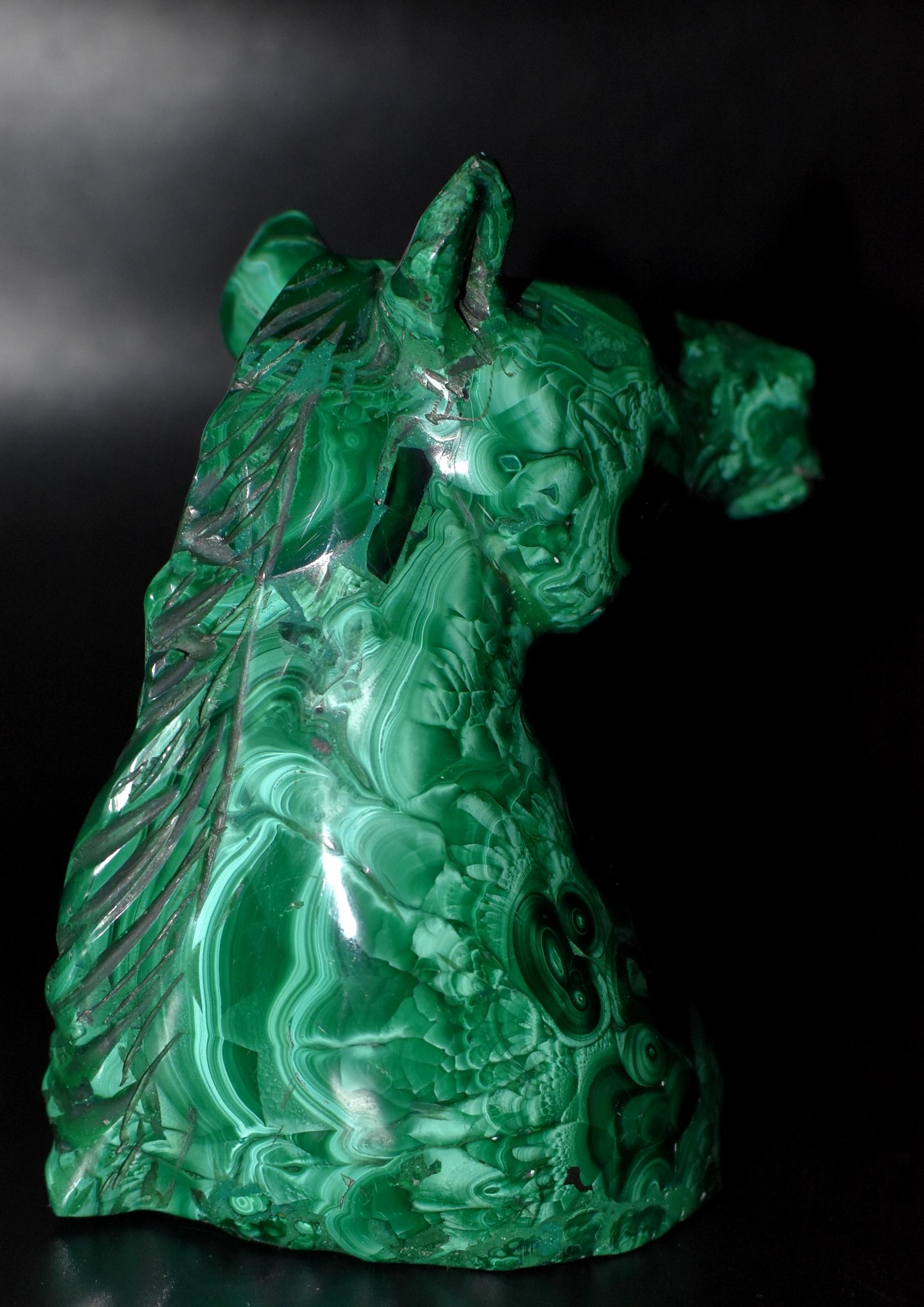 Hand-Crafted Malachite Horse Bust with Bullseye Malachite