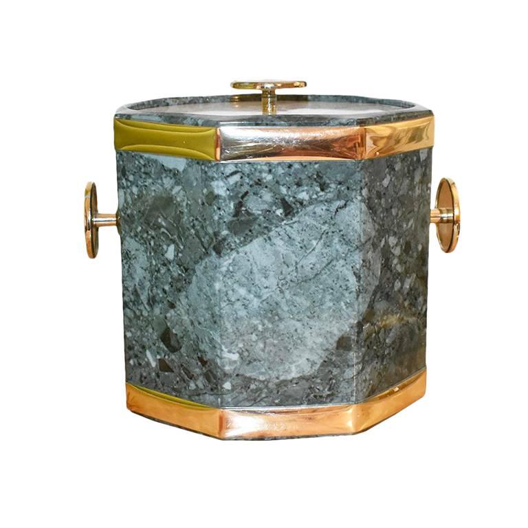Mid Century Green Malachite Ice Bucket with Gold Detail