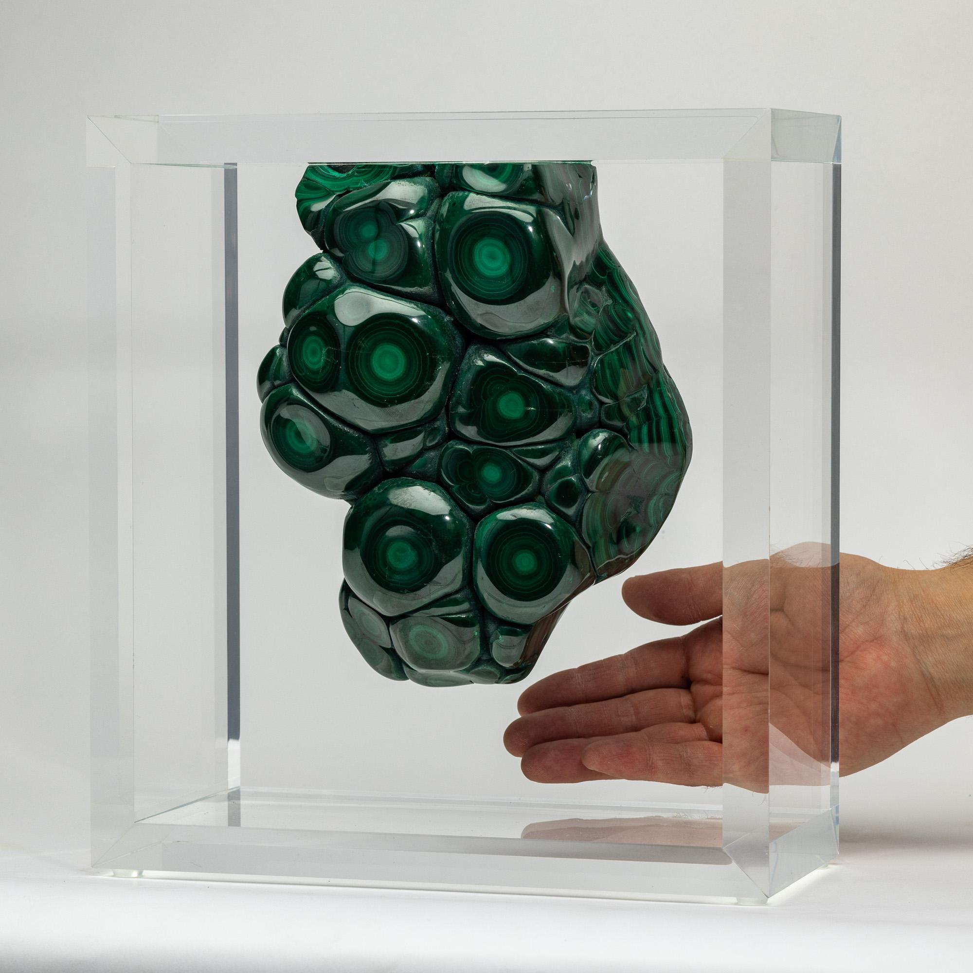 Origen: Zaire, África

Su nombre procede del latín malachites, en alusión a su color.  Actualmente se utiliza más como piedra semipreciosa.

Ha estado entre las favoritas de reyes y nobles durante siglos.  La malaquita ha sido una piedra muy