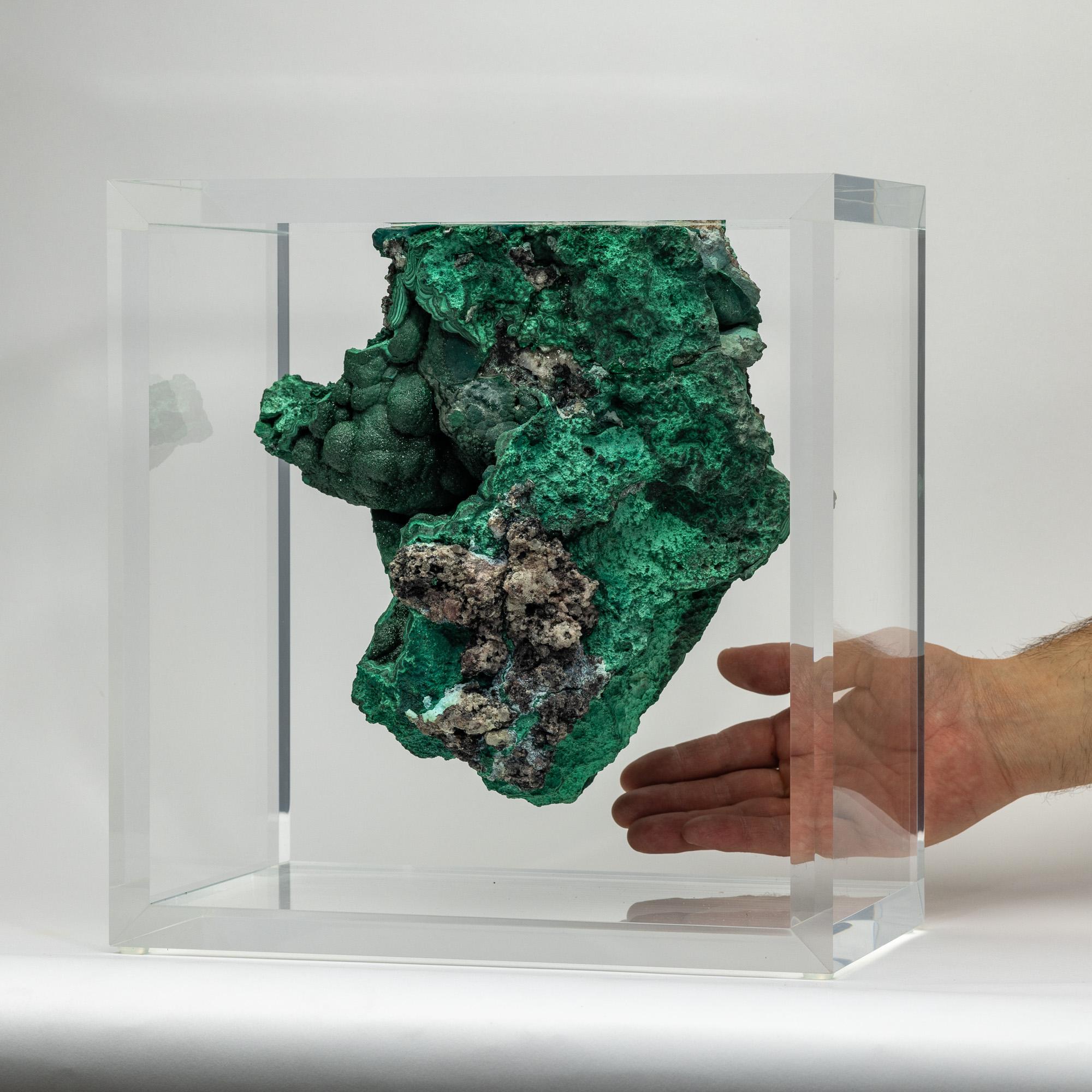 Organic Modern Malachite in free form mounted in original design acrylic base For Sale