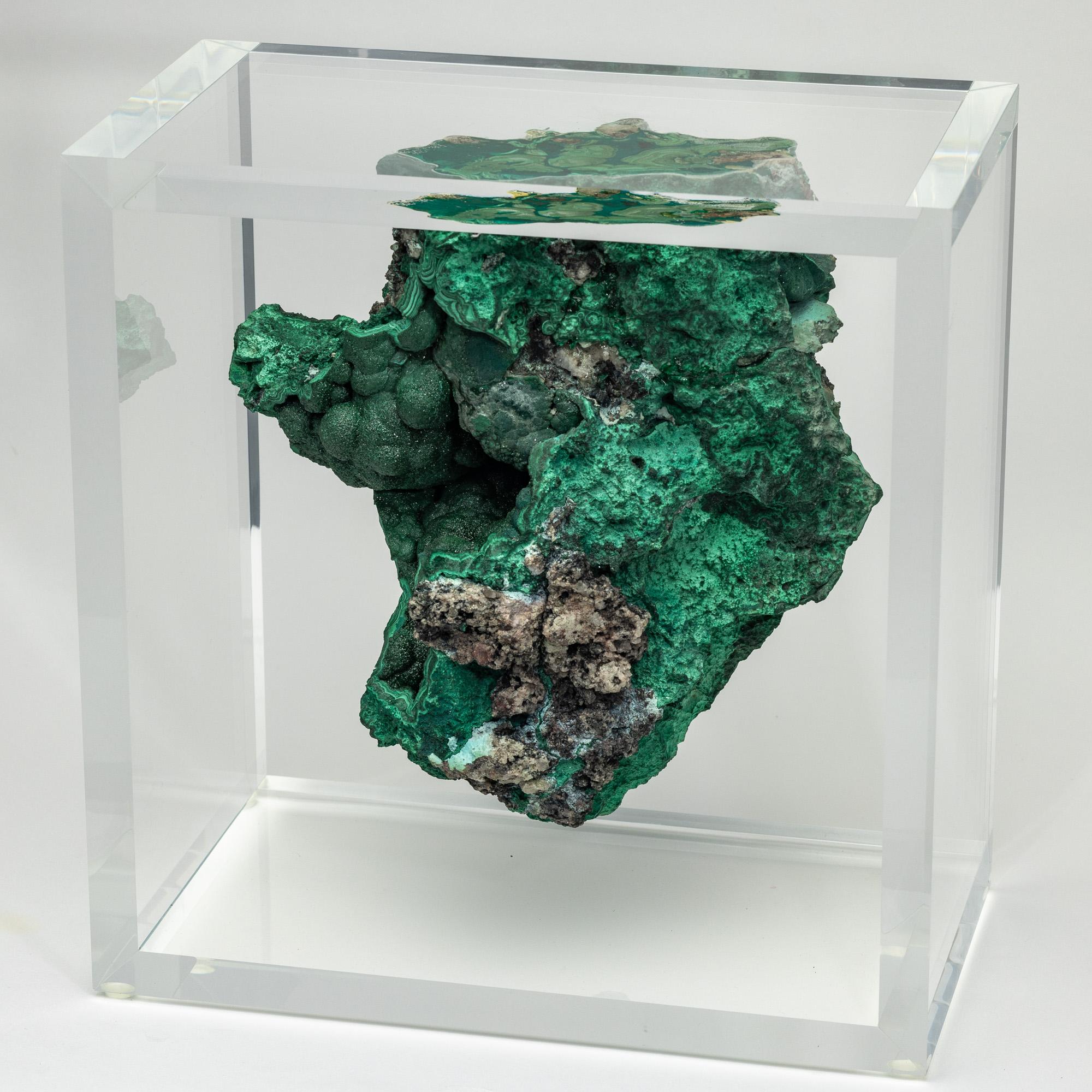 Mexican Malachite in free form mounted in original design acrylic base For Sale