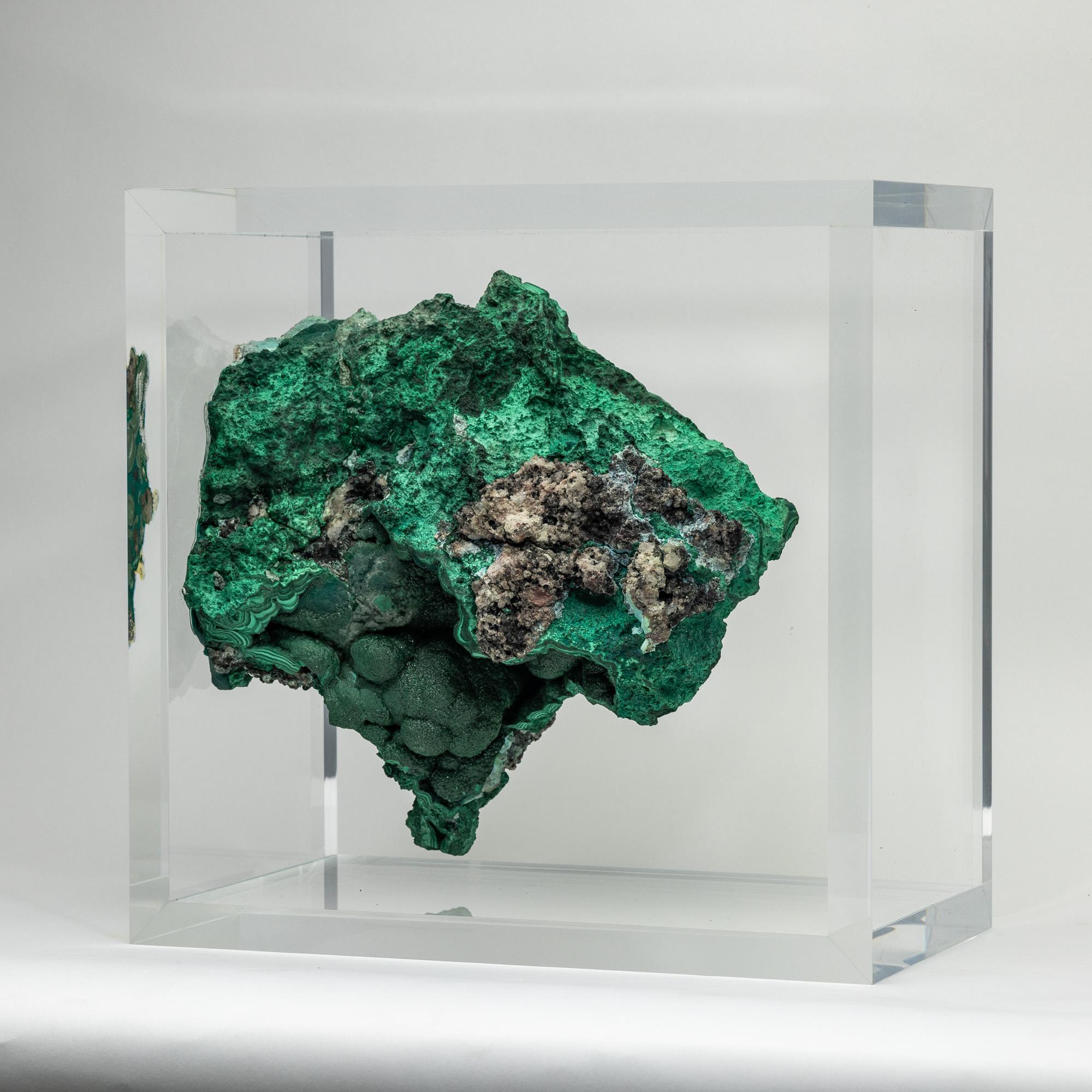 Contemporary Malachite in free form mounted in original design acrylic base For Sale