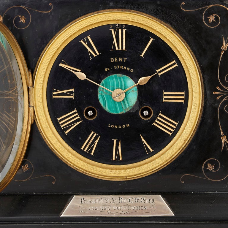 Neoclassical Malachite Inlaid Black Marble Plinth-Form Mantel Clock For Sale