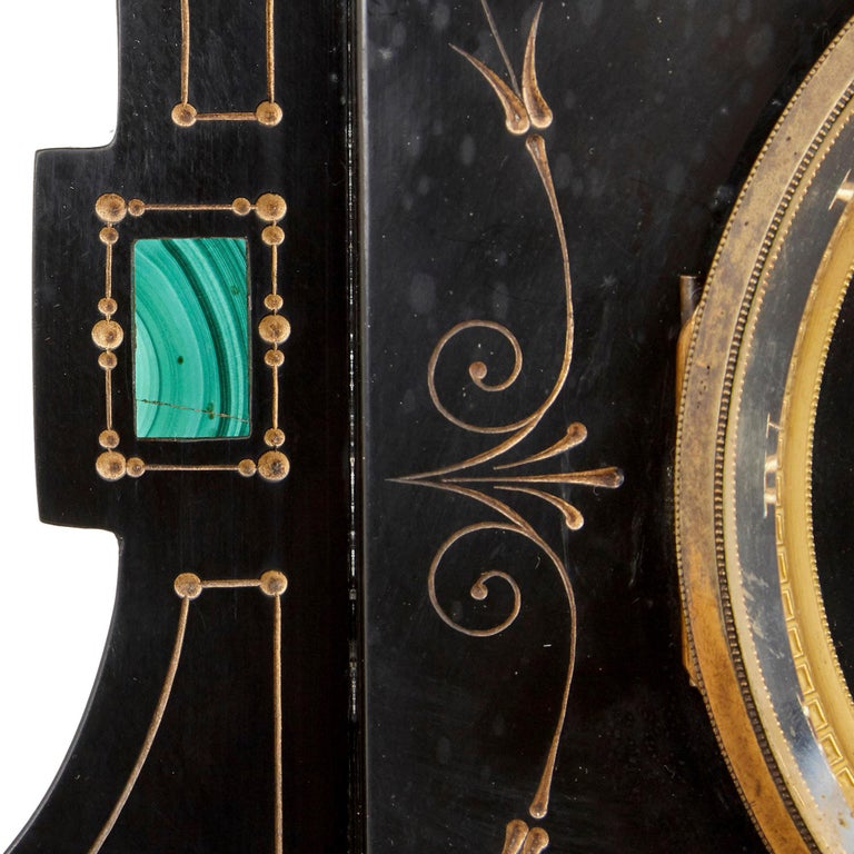 Malachite Inlaid Black Marble Plinth-Form Mantel Clock In Good Condition For Sale In London, GB